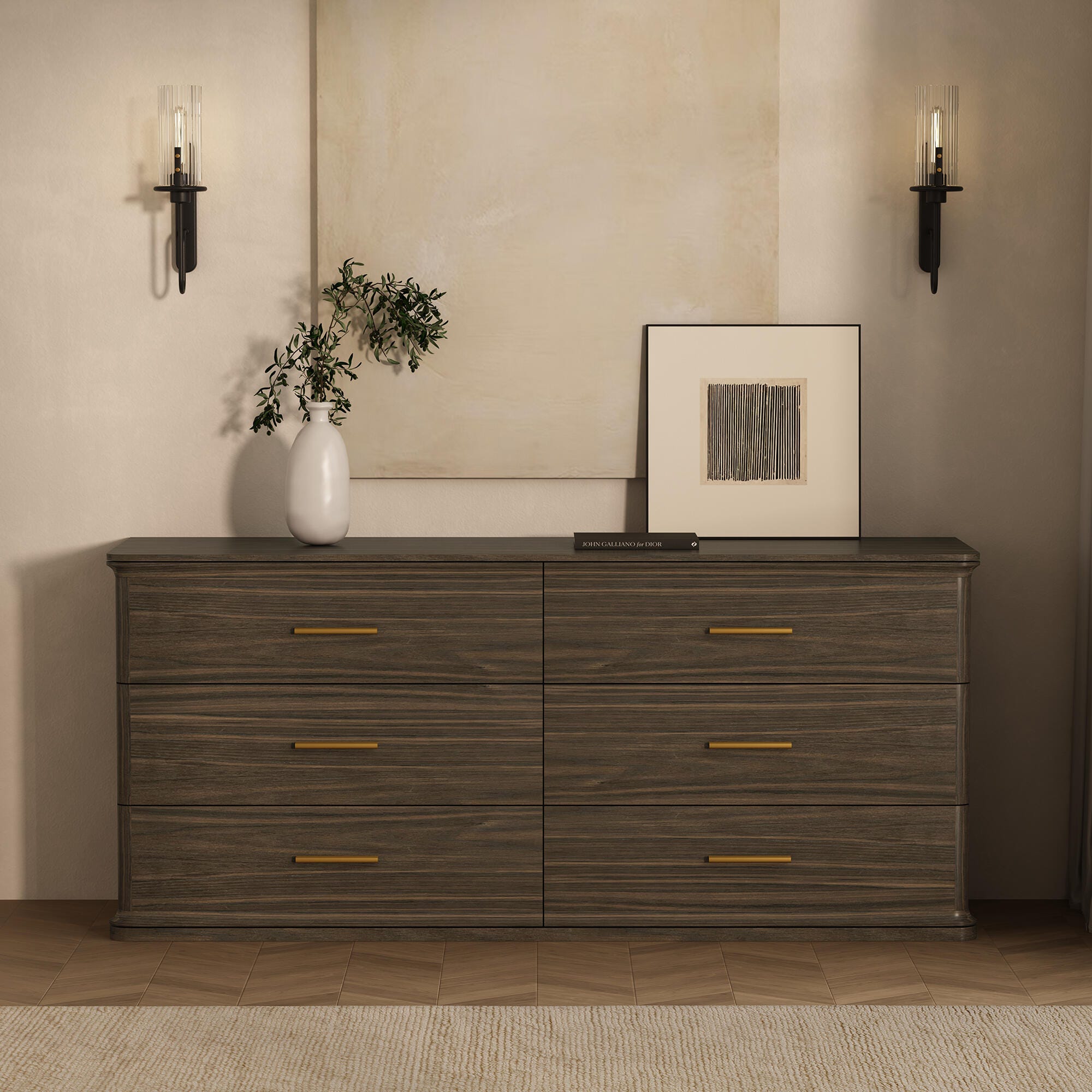 Manhattan Comfort Clifford 6 Drawer Double Dresser, Walnut/Gold, rollover
