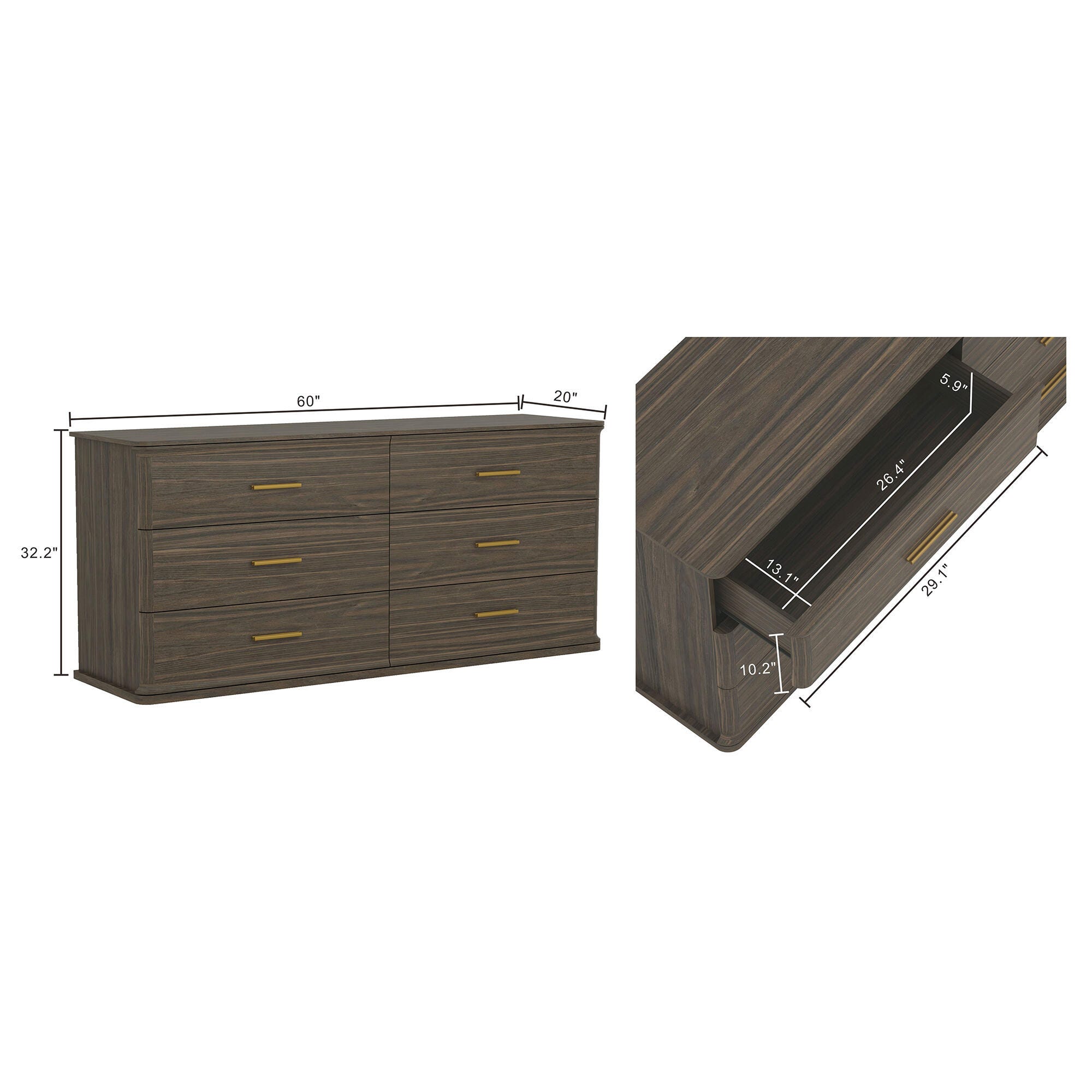 Manhattan Comfort Clifford 6 Drawer Double Dresser, Walnut/Gold, large
