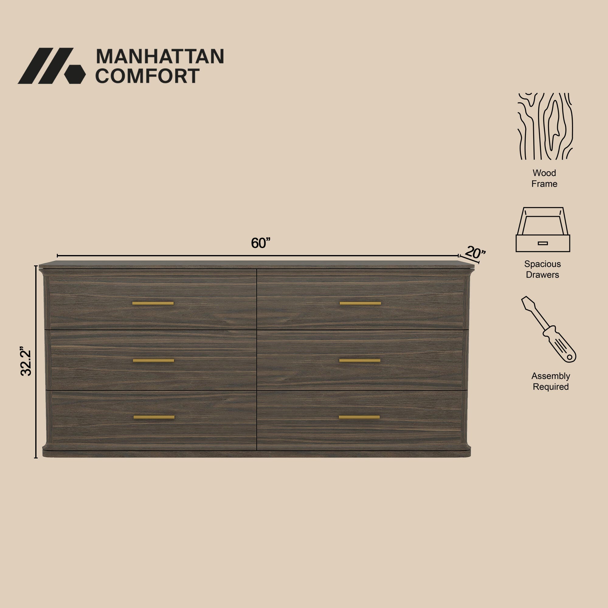 Manhattan Comfort Clifford 6 Drawer Double Dresser, Walnut/Gold, large