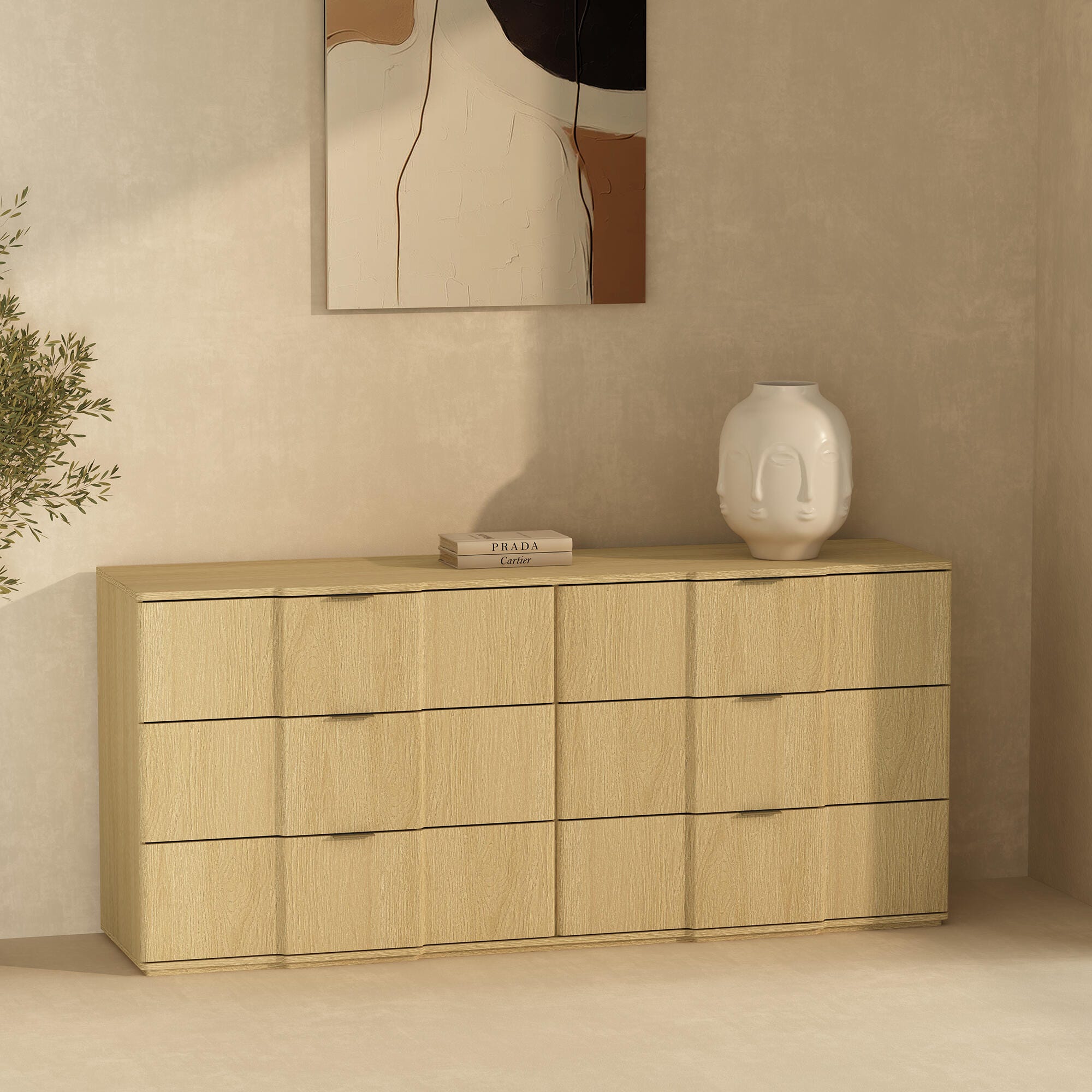 Manhattan Comfort Clive 6 Drawer Double Dresser, Natural Oak/Gold, rollover