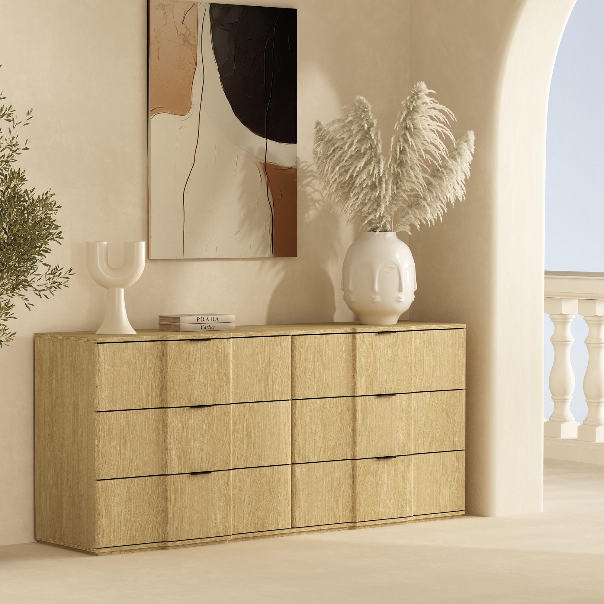 Manhattan Comfort Clive 6 Drawer Double Dresser, Natural Oak/Gold, large