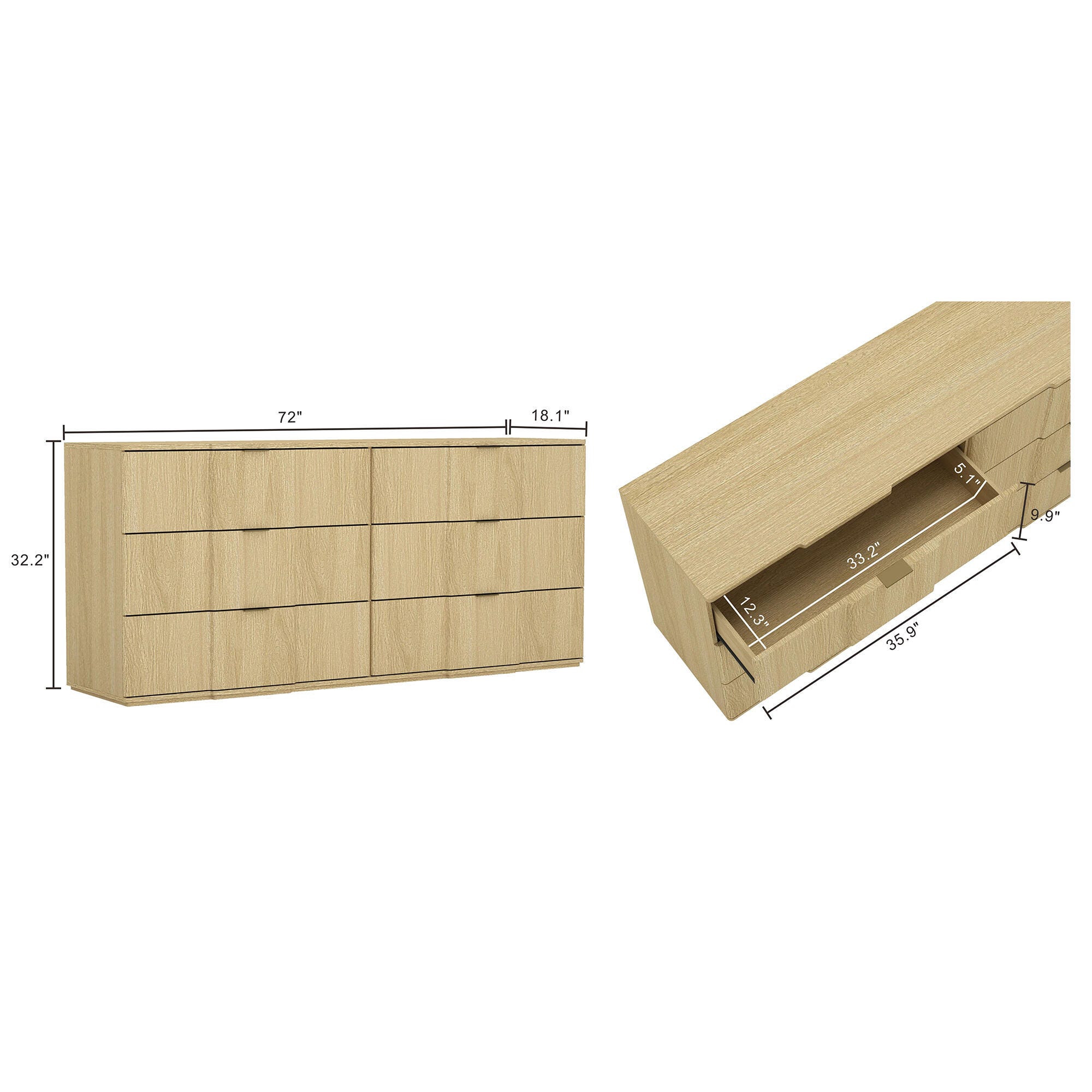 Manhattan Comfort Clive 6 Drawer Double Dresser, Natural Oak/Gold, large