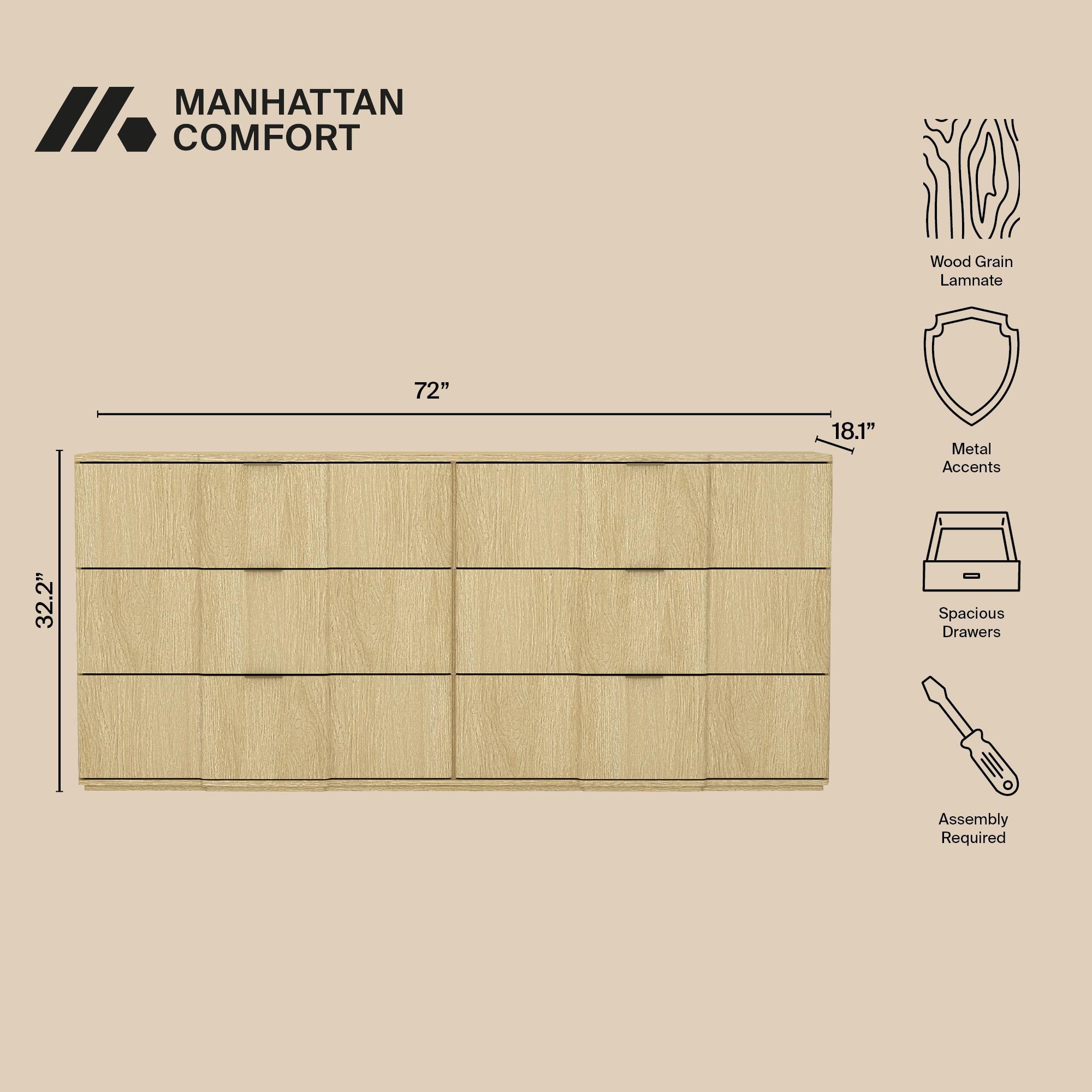Manhattan Comfort Clive 6 Drawer Double Dresser, Natural Oak/Gold, large
