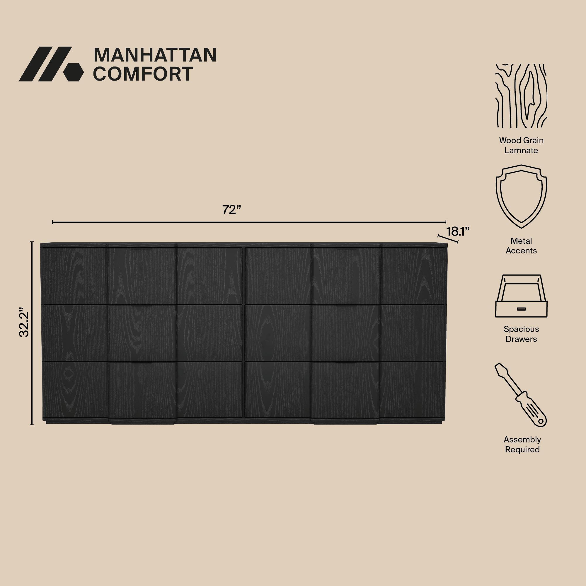 Manhattan Comfort Clive 6 Drawer Double Dresser, Black, large