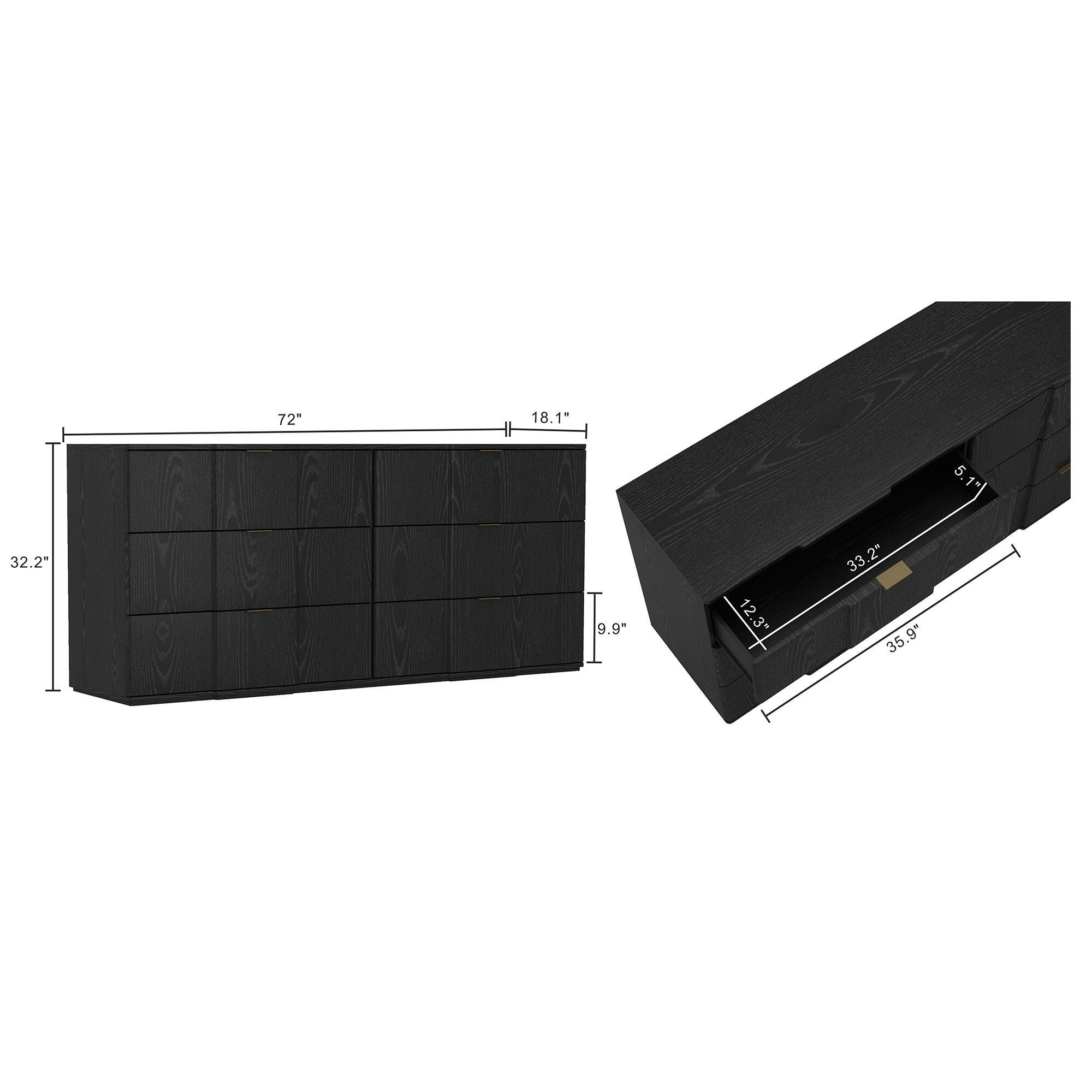 Manhattan Comfort Clive 6 Drawer Double Dresser, Black/Gold, large