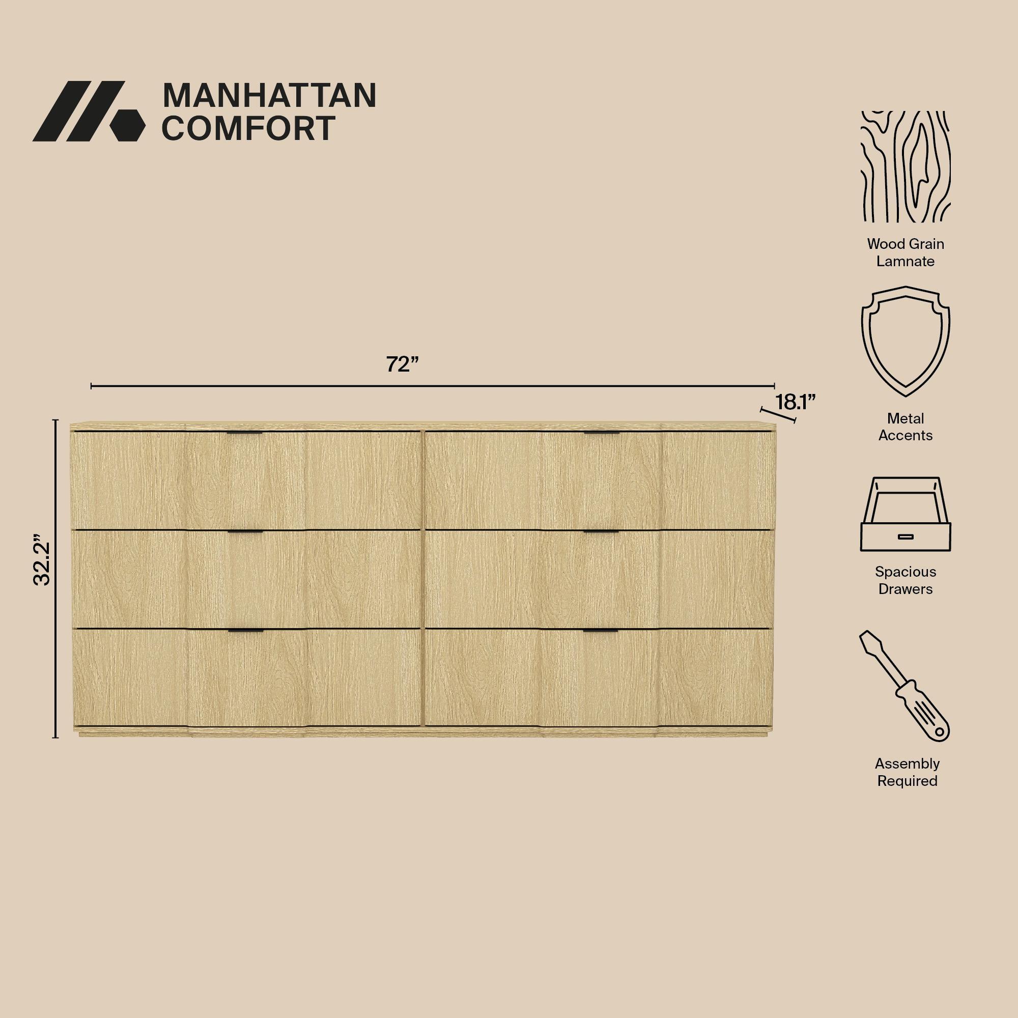 Manhattan Comfort Clive 6 Drawer Double Dresser, Natural Oak/Black, large