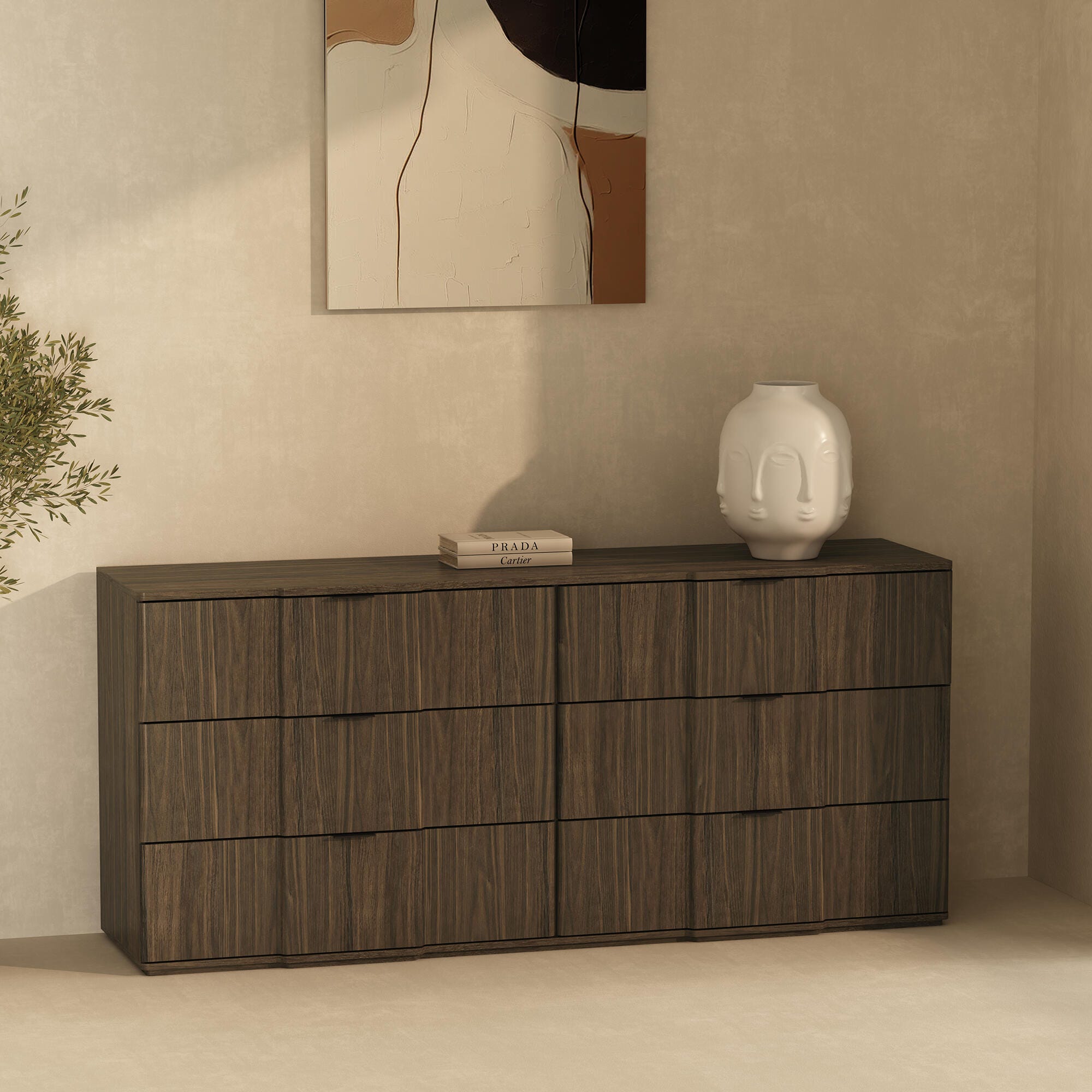 Manhattan Comfort Clive 6 Drawer Double Dresser, Walnut/Black, large