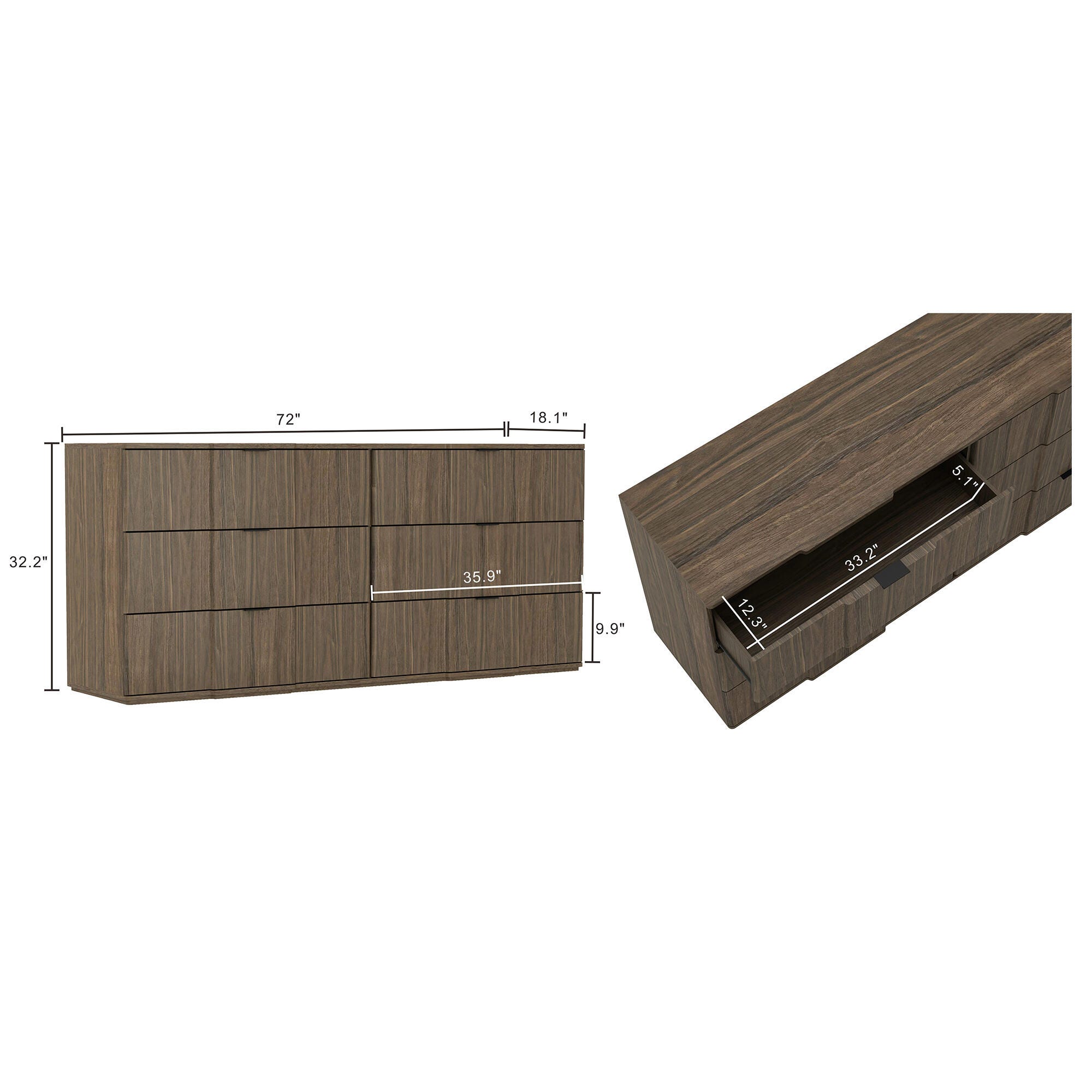 Manhattan Comfort Clive 6 Drawer Double Dresser, Walnut/Black, large