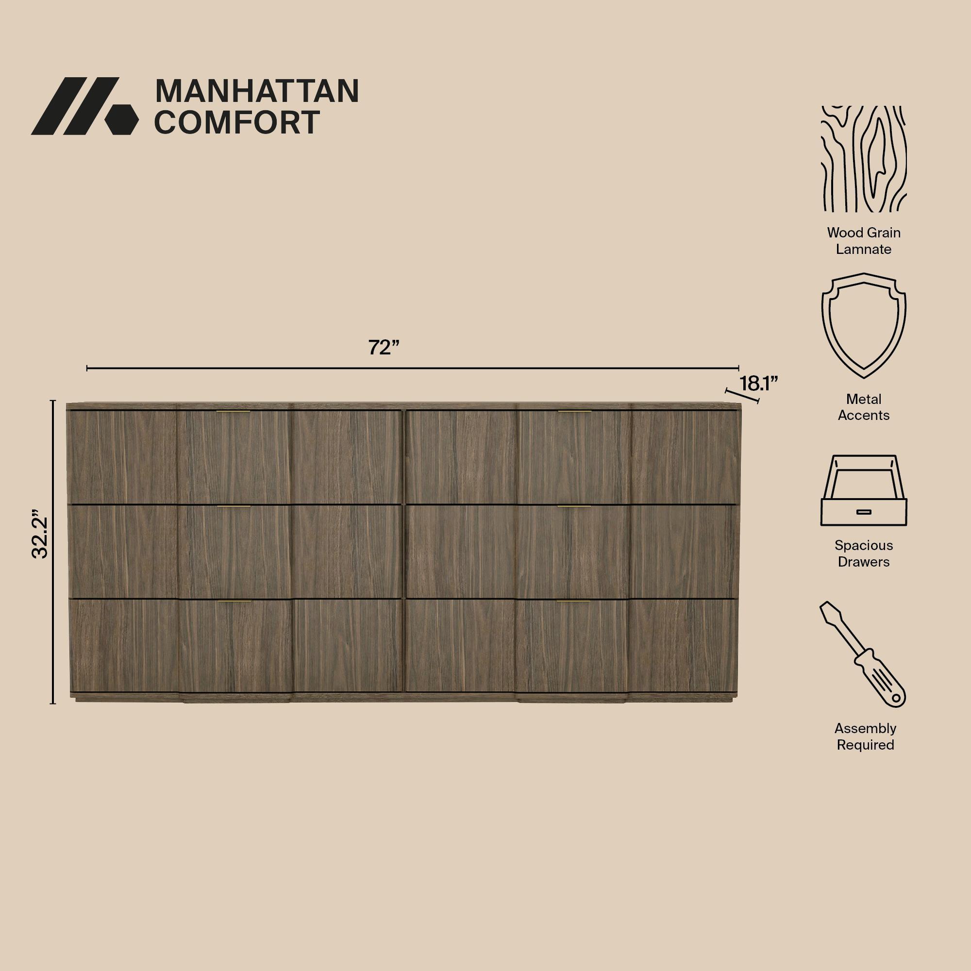 Manhattan Comfort Clive 6 Drawer Double Dresser, Walnut Brown/Gold, large
