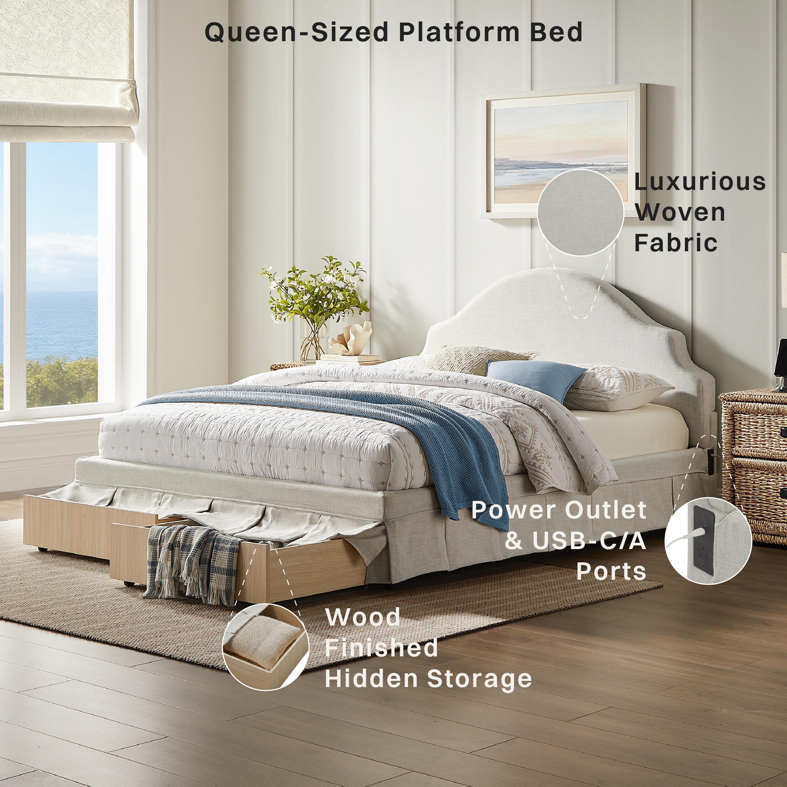 Studio Living Caroline Queen Upholstered Bed, Beige, large