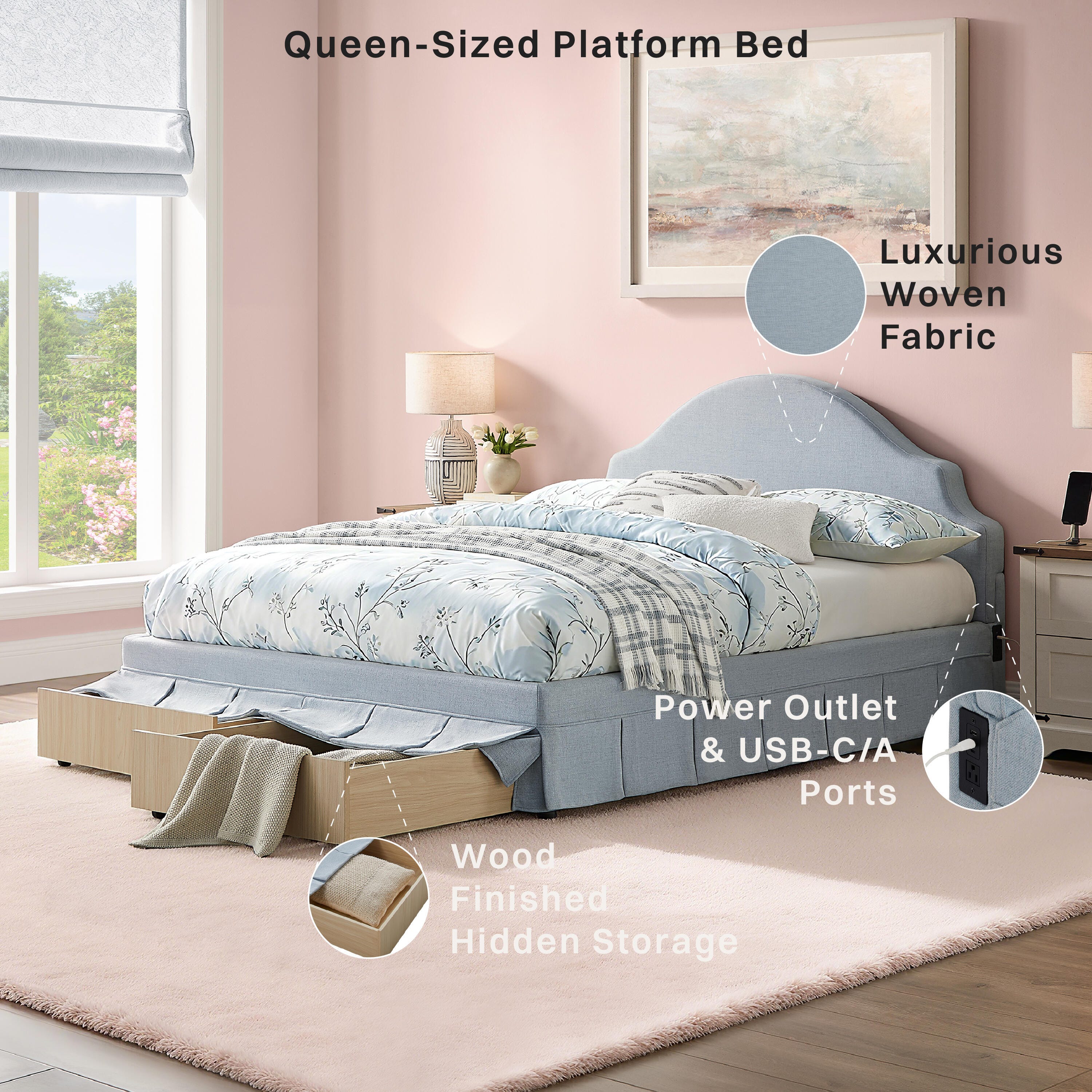 Studio Living Caroline Queen Upholstered Bed, Blue, large