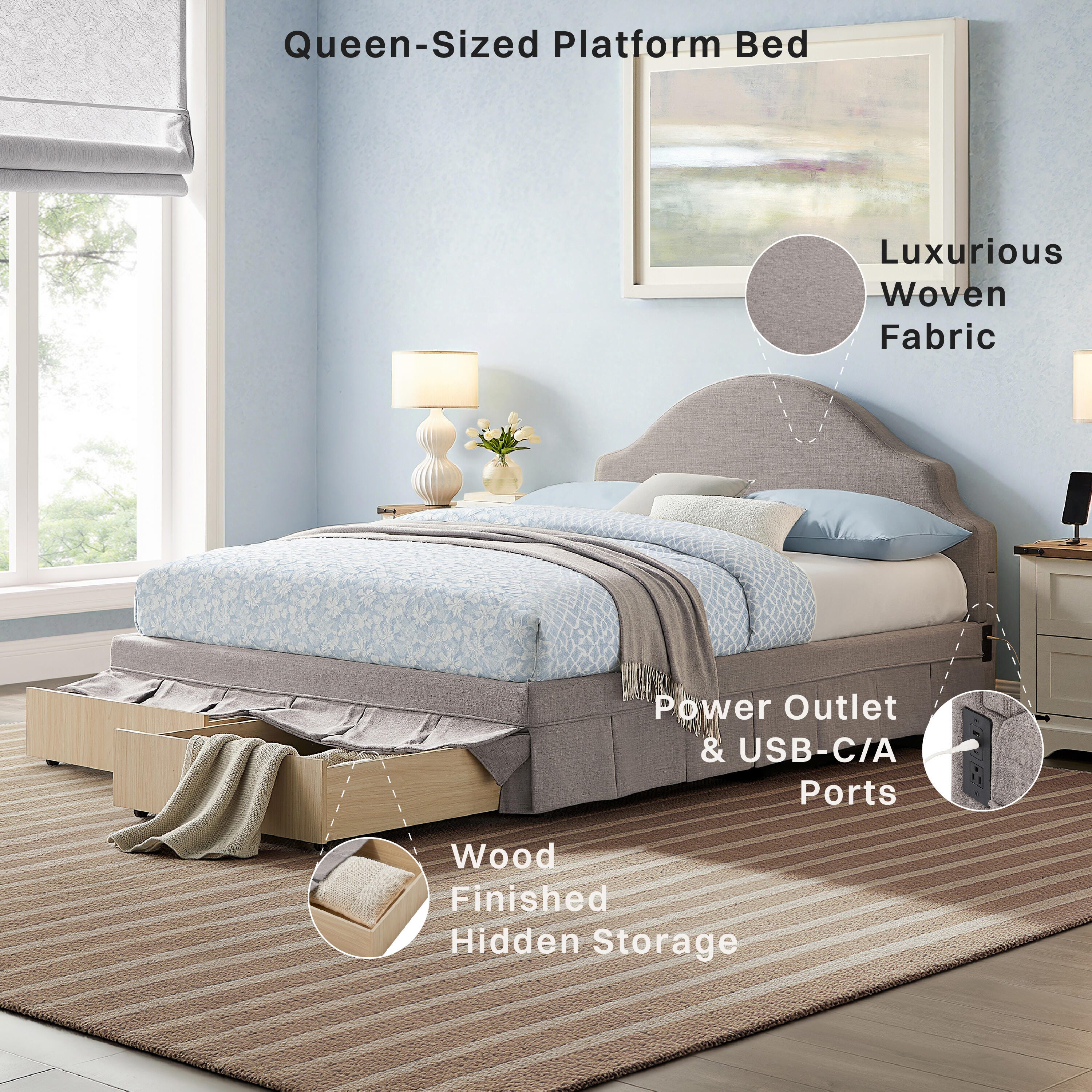 Studio Living Caroline Queen Upholstered Bed, Gray, large