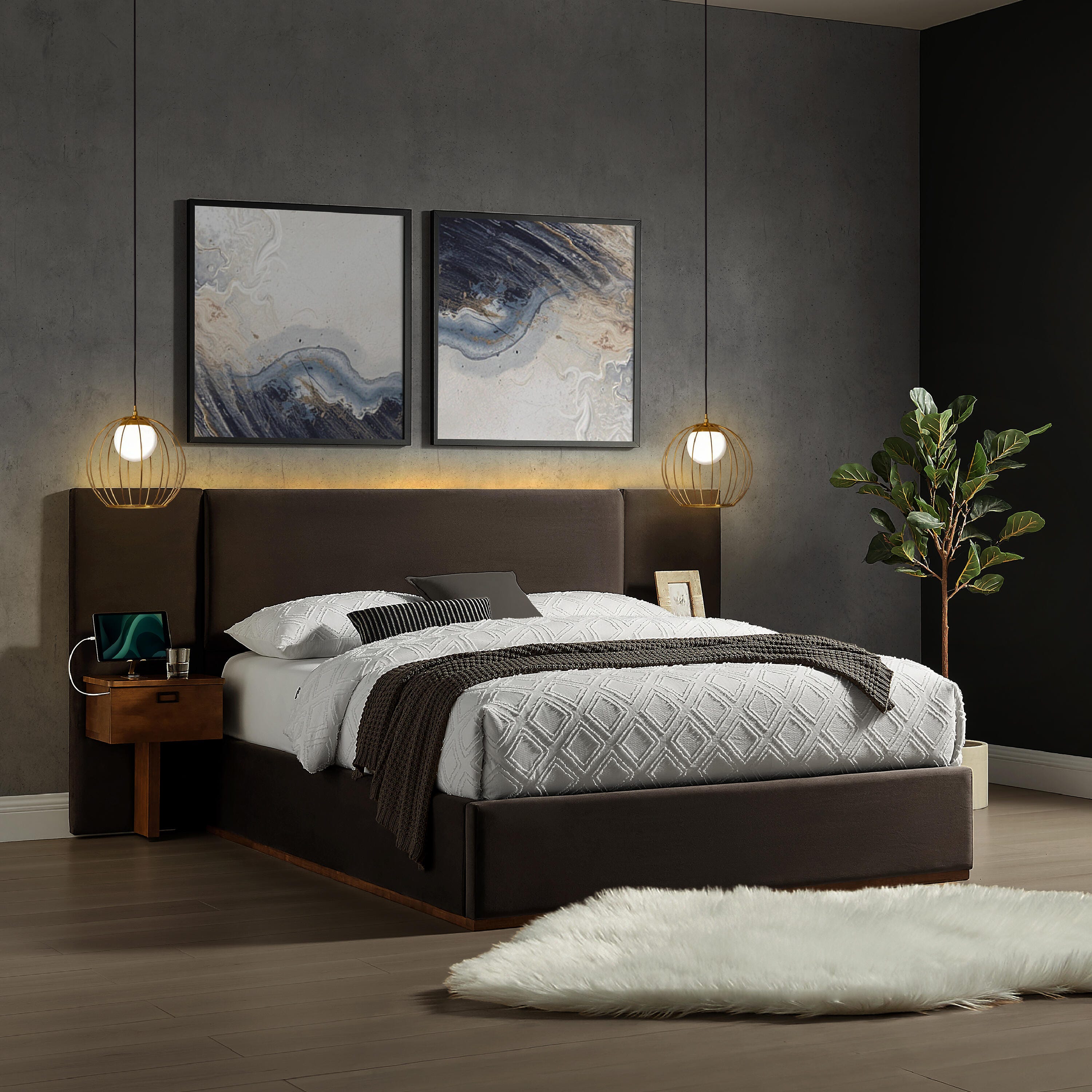 Studio Living Dahlia King Upholstered Bed, Brown, rollover
