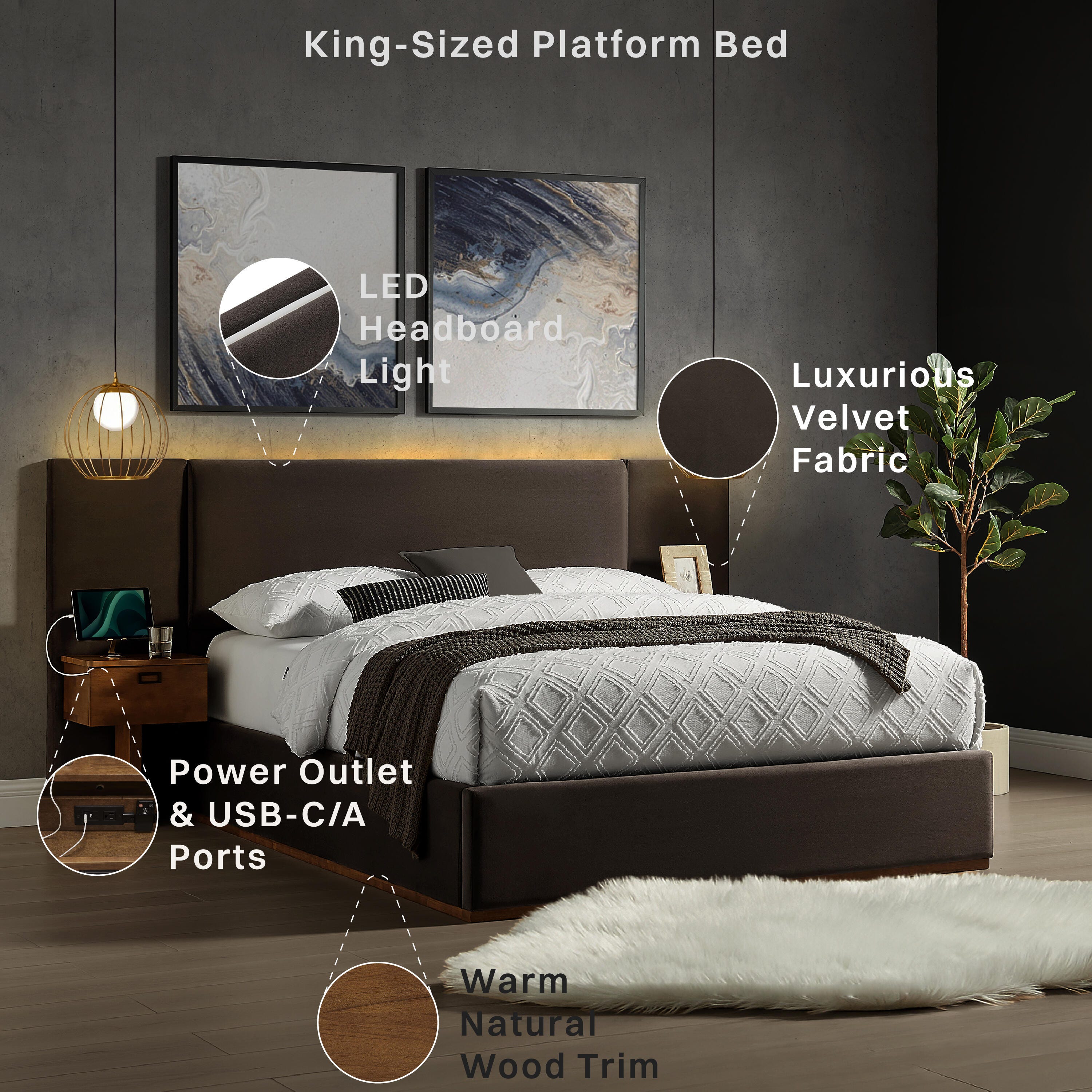 Studio Living Dahlia King Upholstered Bed, Brown, large