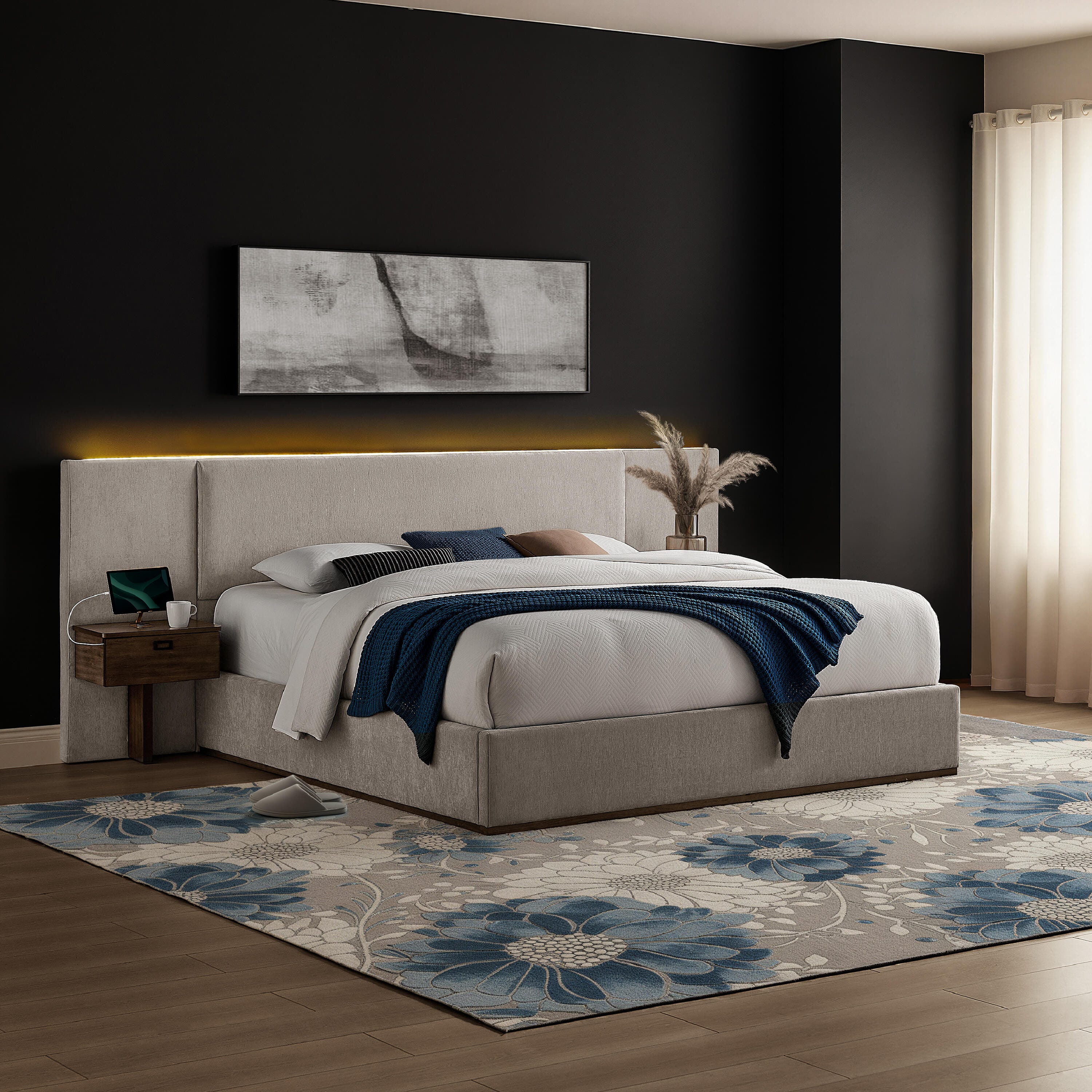 Studio Living Dahlia King Upholstered Bed, Light Gray, rollover