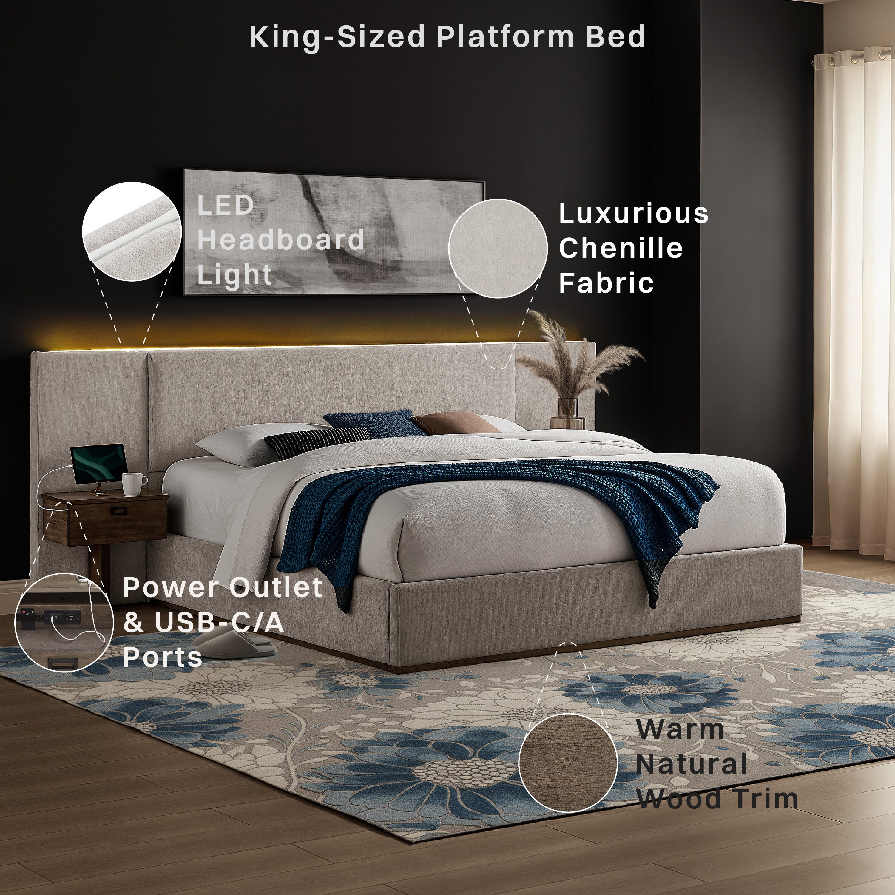 Studio Living Dahlia King Upholstered Bed, Light Gray, large
