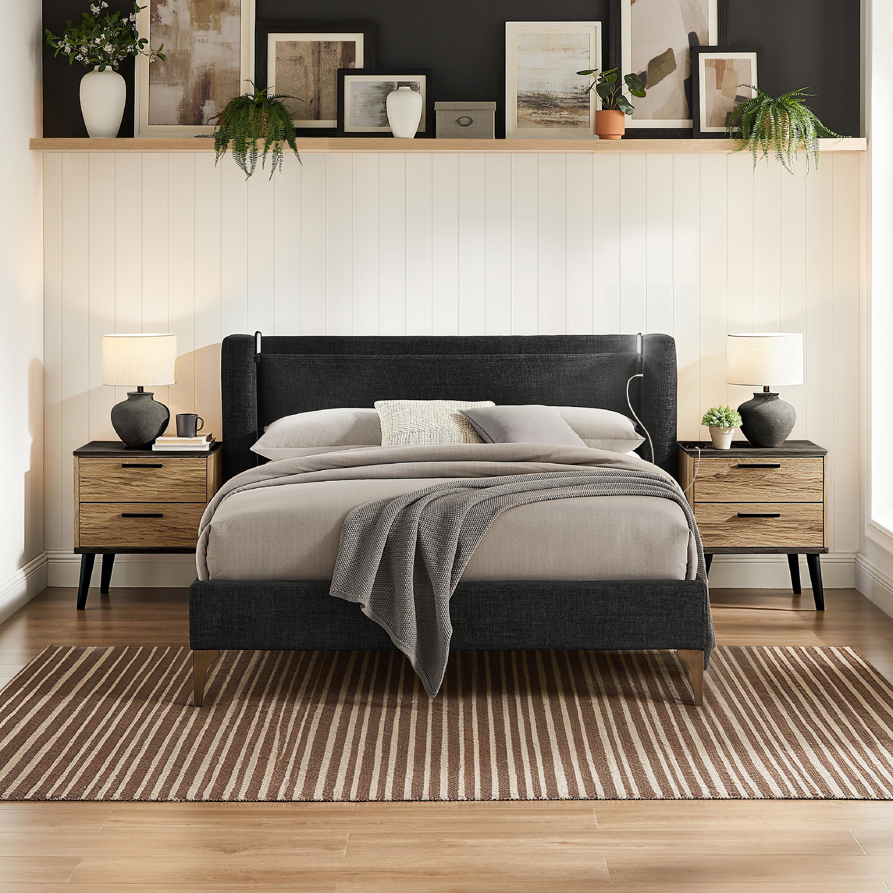 Studio Living Sawyer King Upholstered Bed, Black, rollover