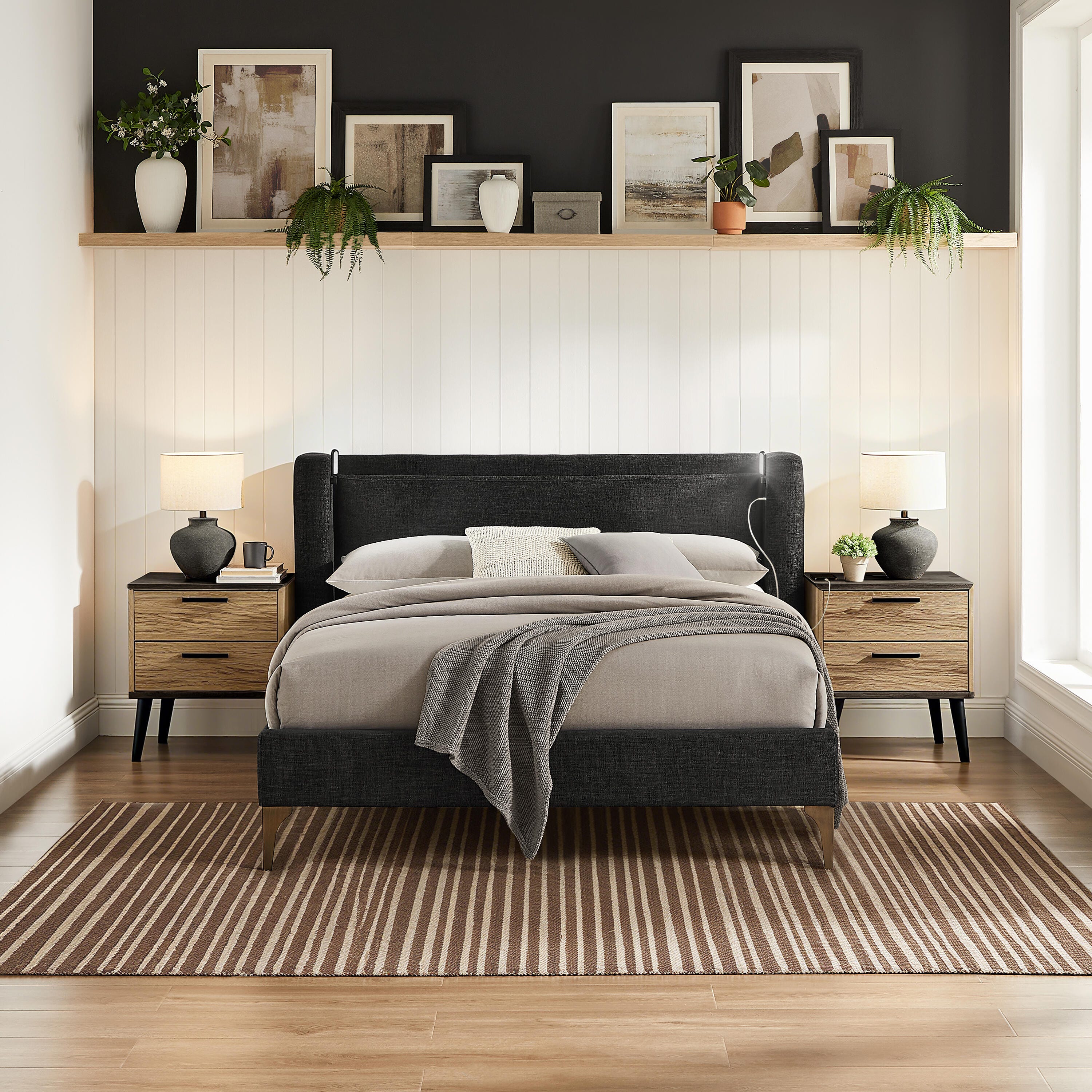 Studio Living Sawyer Queen Upholstered Bed, Black, rollover