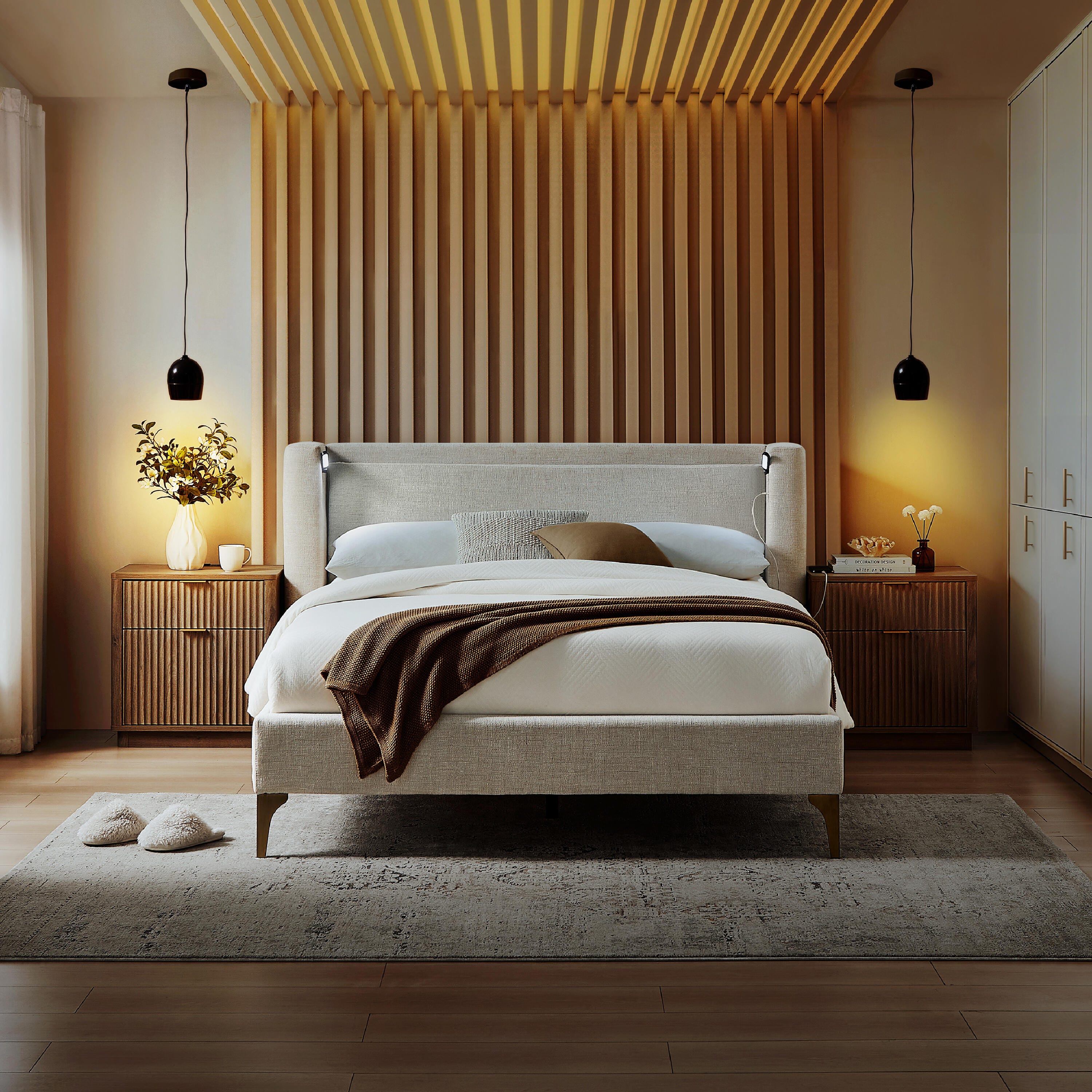 Studio Living Sawyer Queen Upholstered Bed, Ivory, rollover