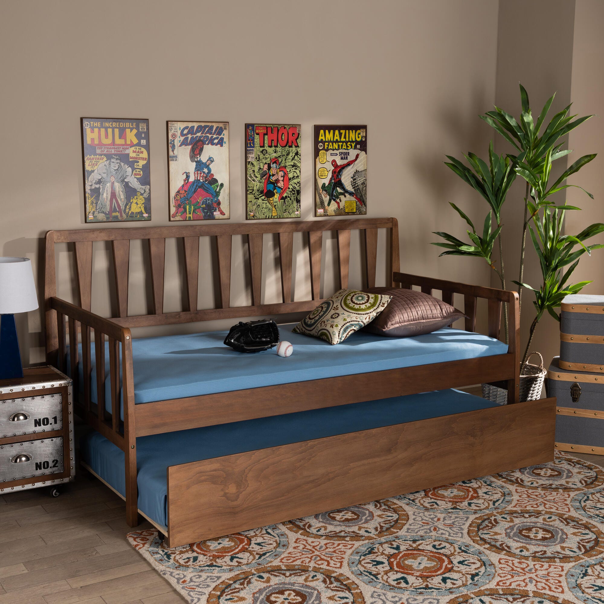 Baxton Studio Midori Transitional Walnut Brown Finished Wood Twin Size Daybed with Roll-Out Trundle Bed, , rollover