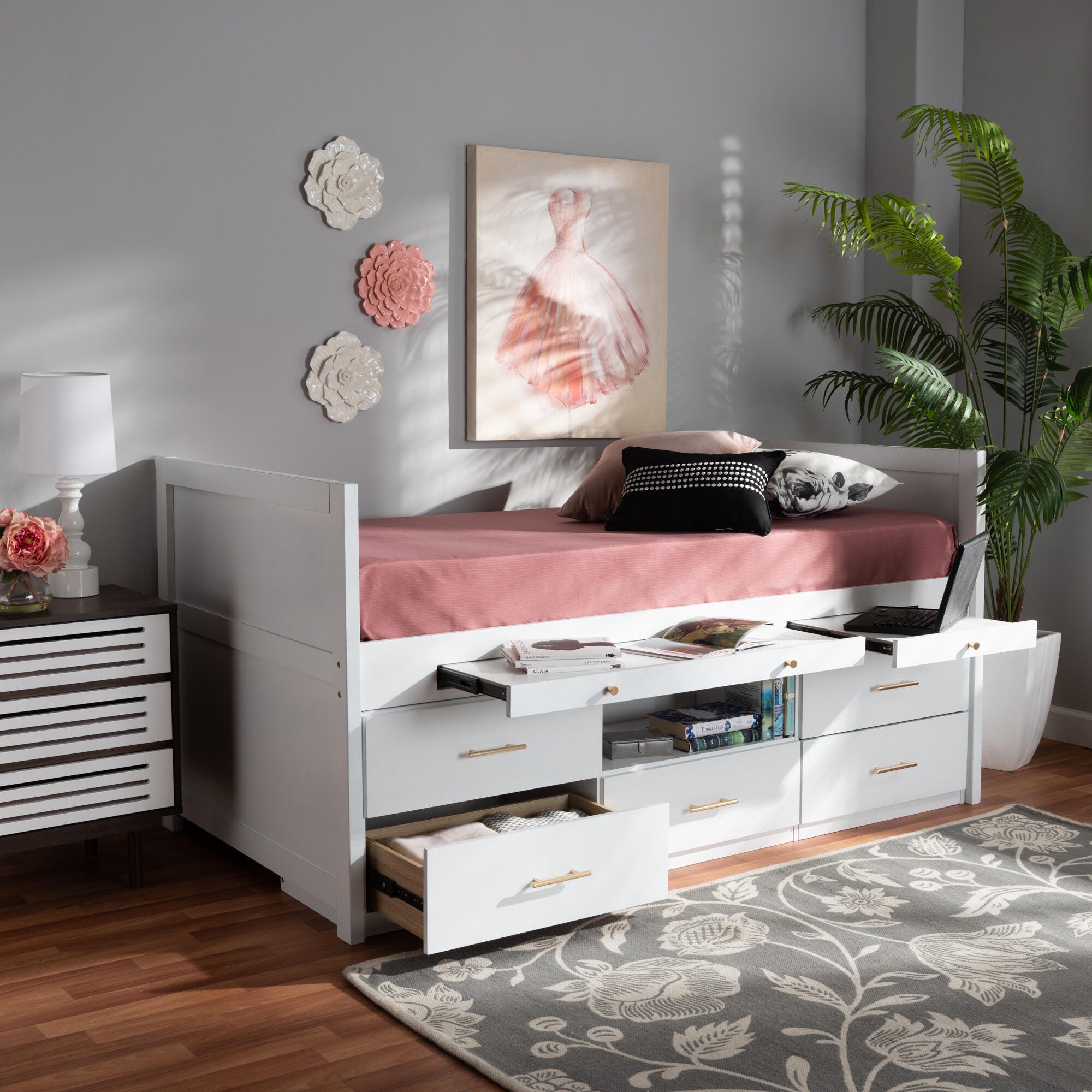 Baxton Studio Mirza Modern and Contemporary White Finished Wood 5-Drawer Twin Size Storage Bed with Pull-Out Desk, , rollover