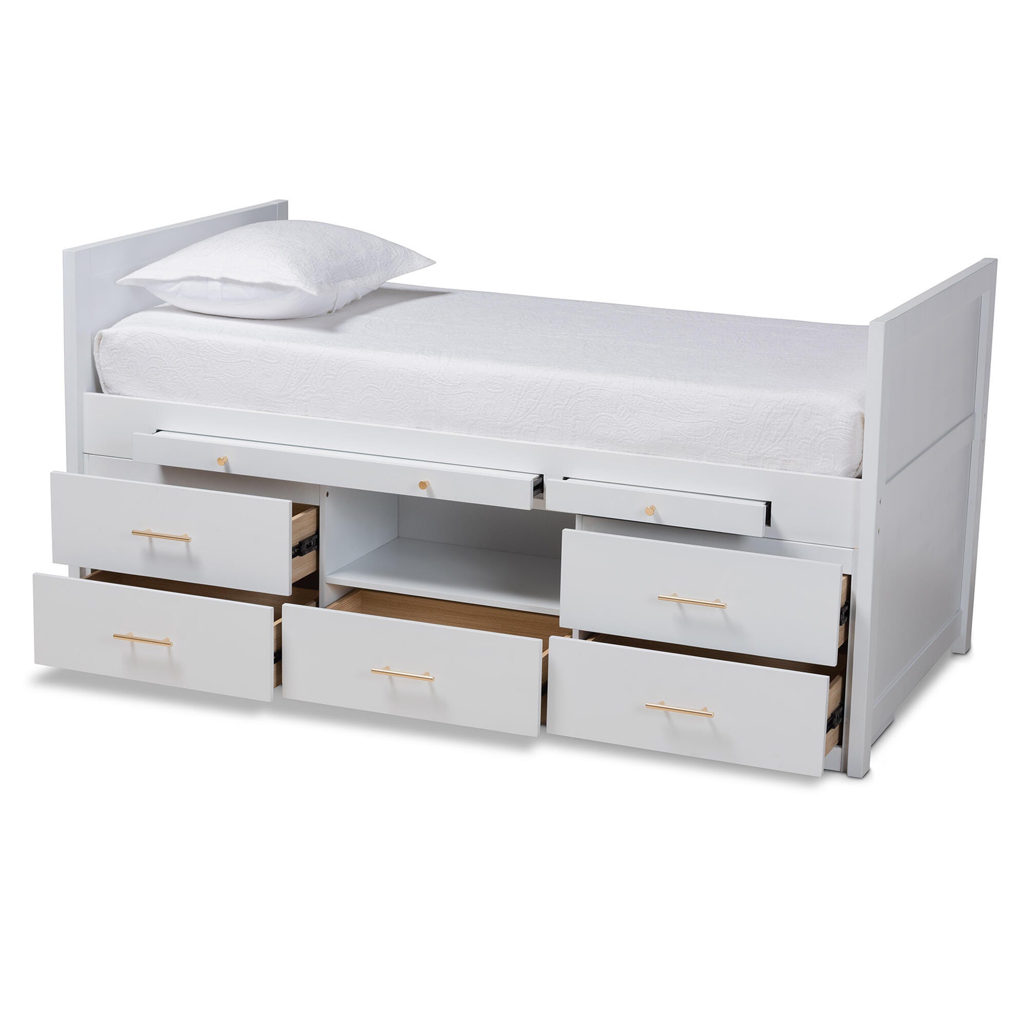 Baxton Studio Mirza Modern and Contemporary White Finished Wood 5-Drawer Twin Size Storage Bed with Pull-Out Desk, , swatch