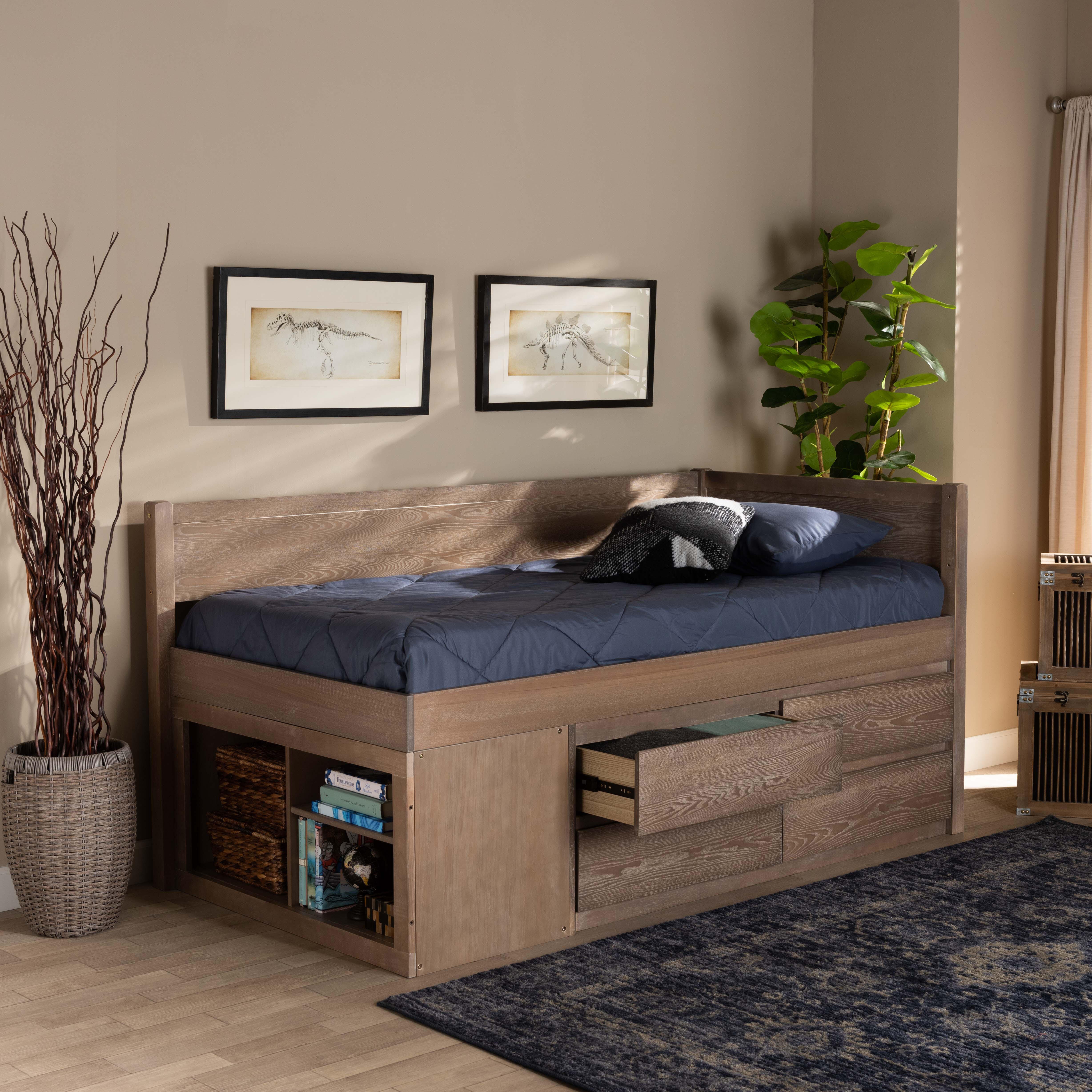 Baxton Studio Levon Modern and Contemporary Antique Oak Finished Wood 4-Drawer Twin Size Storage Bed, , rollover