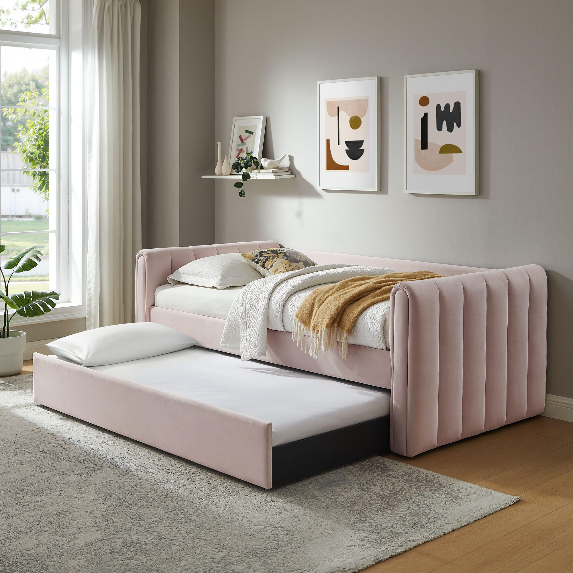 Modway Veyla Upholsered Twin Daybed With Trundle, Blush Pink, rollover