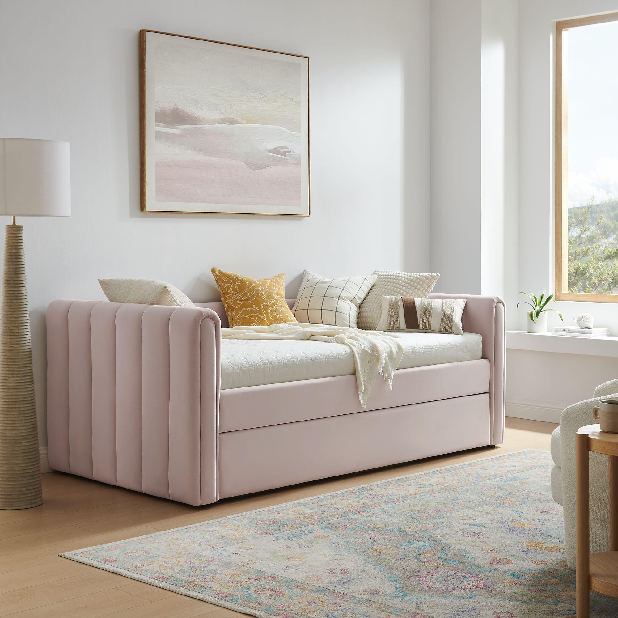 Modway Veyla Upholsered Twin Daybed With Trundle, Blush Pink, large