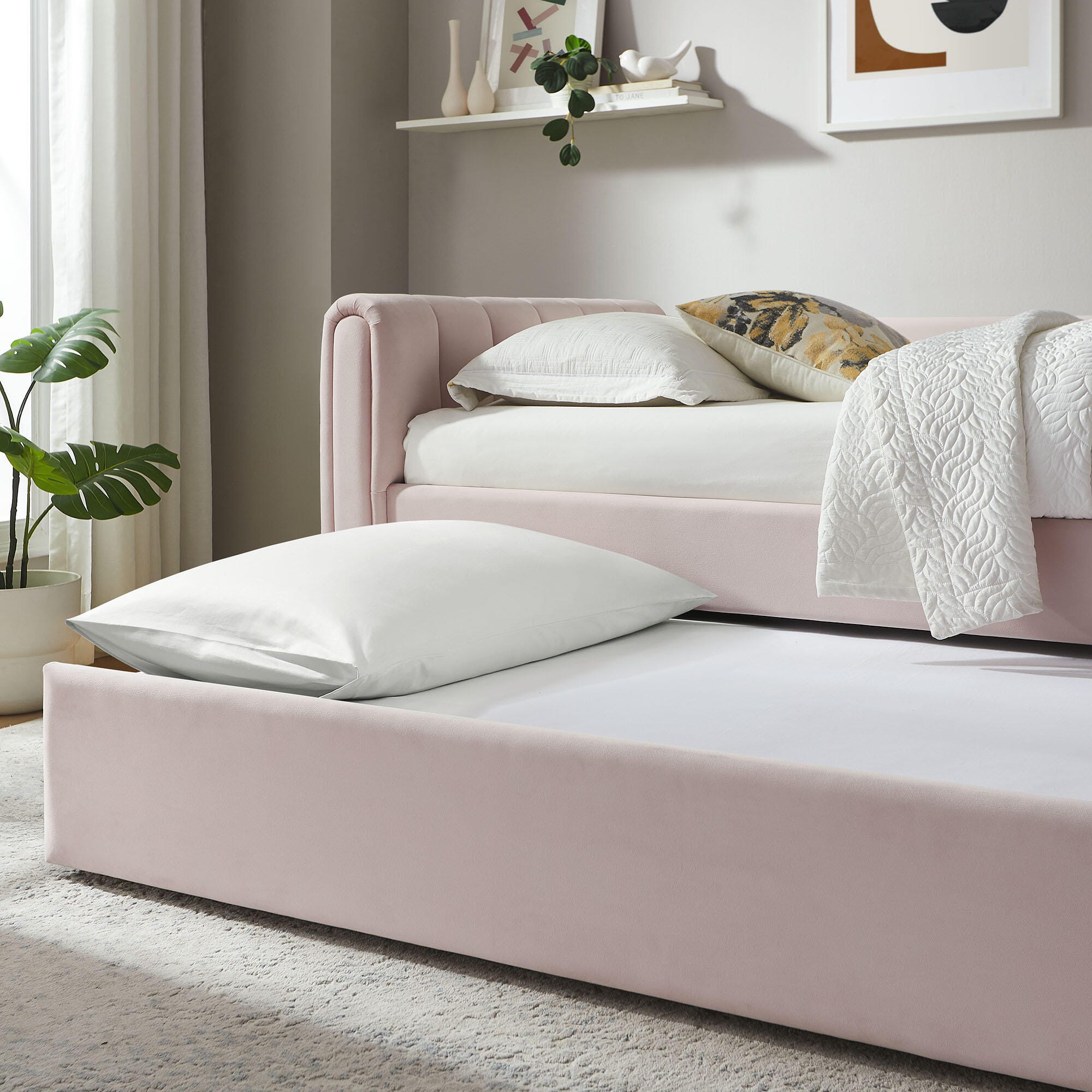 Modway Veyla Upholsered Twin Daybed With Trundle, Blush Pink, large