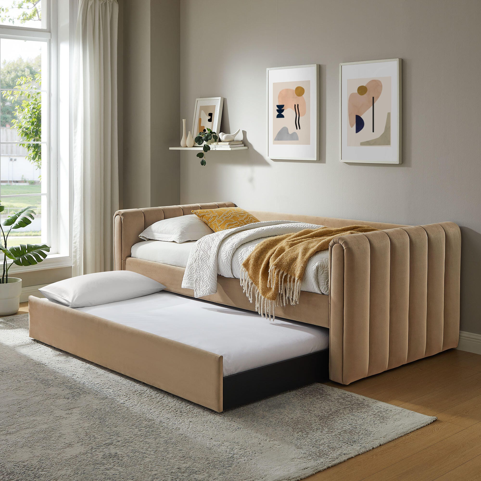 Modway Veyla Upholsered Twin Daybed With Trundle, Taupe, rollover