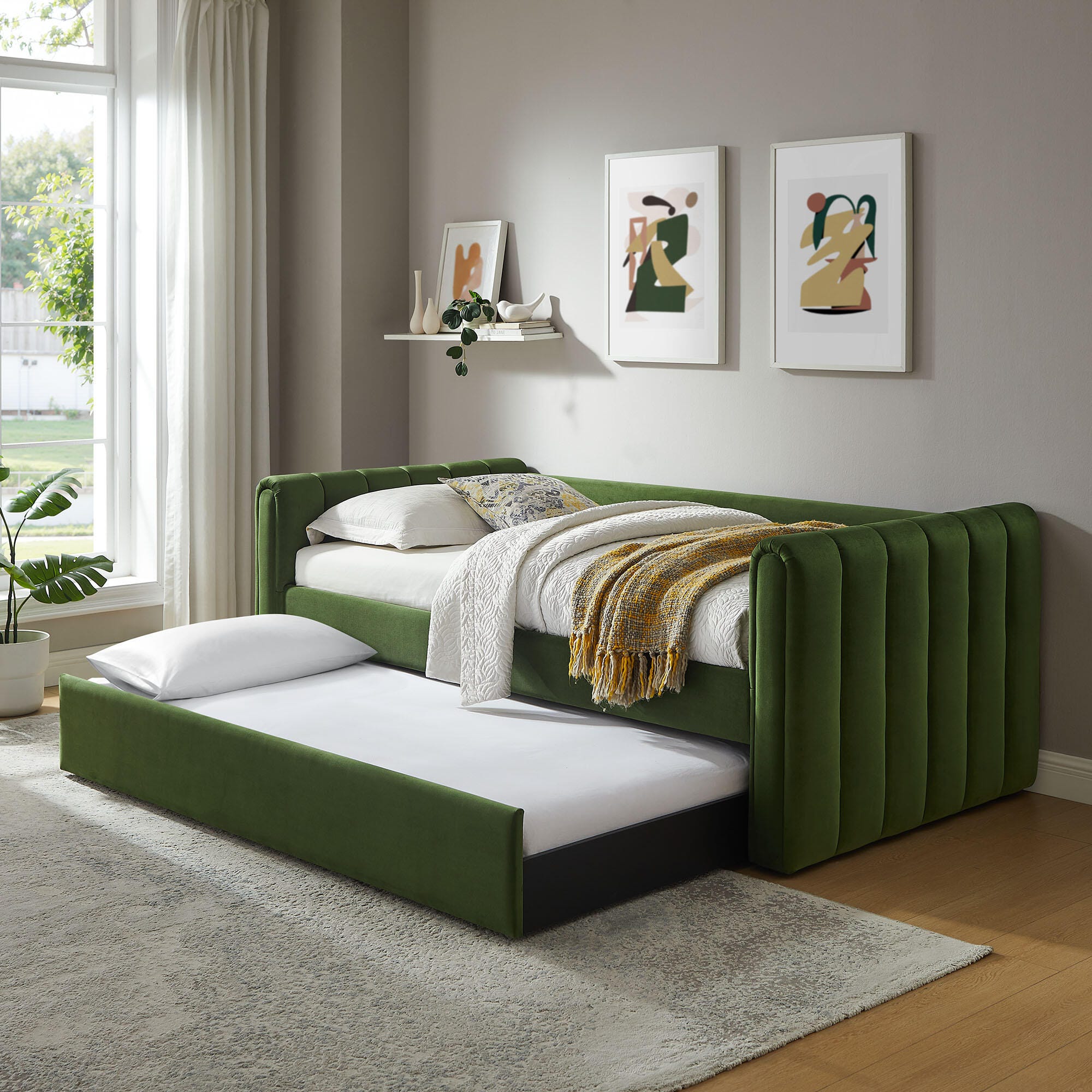 Modway Veyla Upholsered Twin Daybed With Trundle, Moss Green, rollover