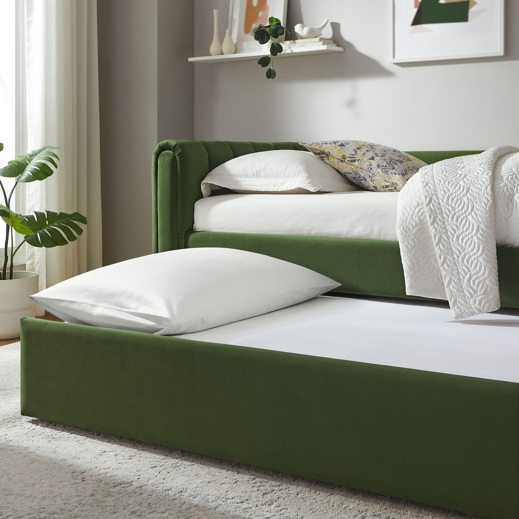 Modway Veyla Upholsered Twin Daybed With Trundle, Moss Green, large