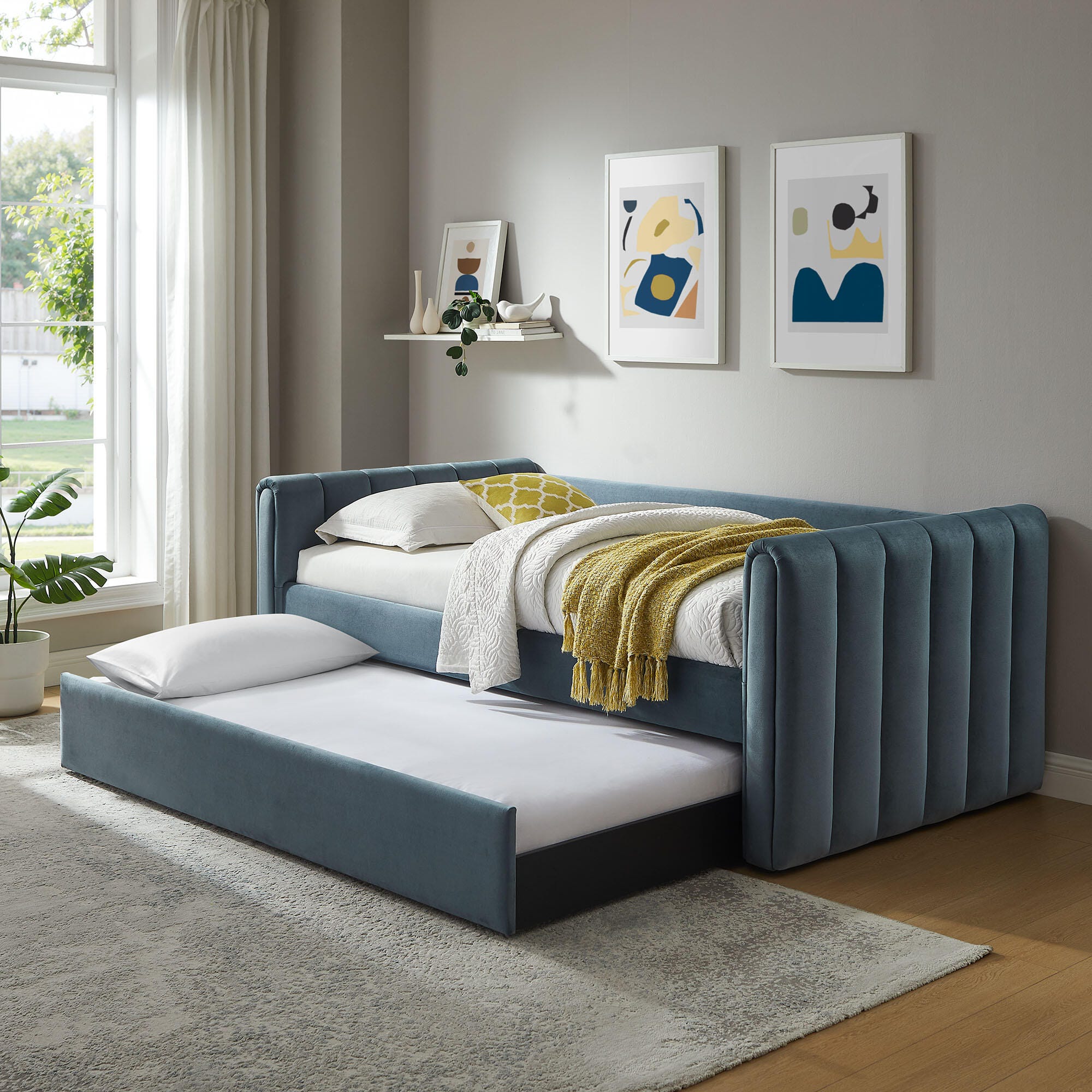 Modway Veyla Upholsered Twin Daybed With Trundle, Cadet Blue, rollover