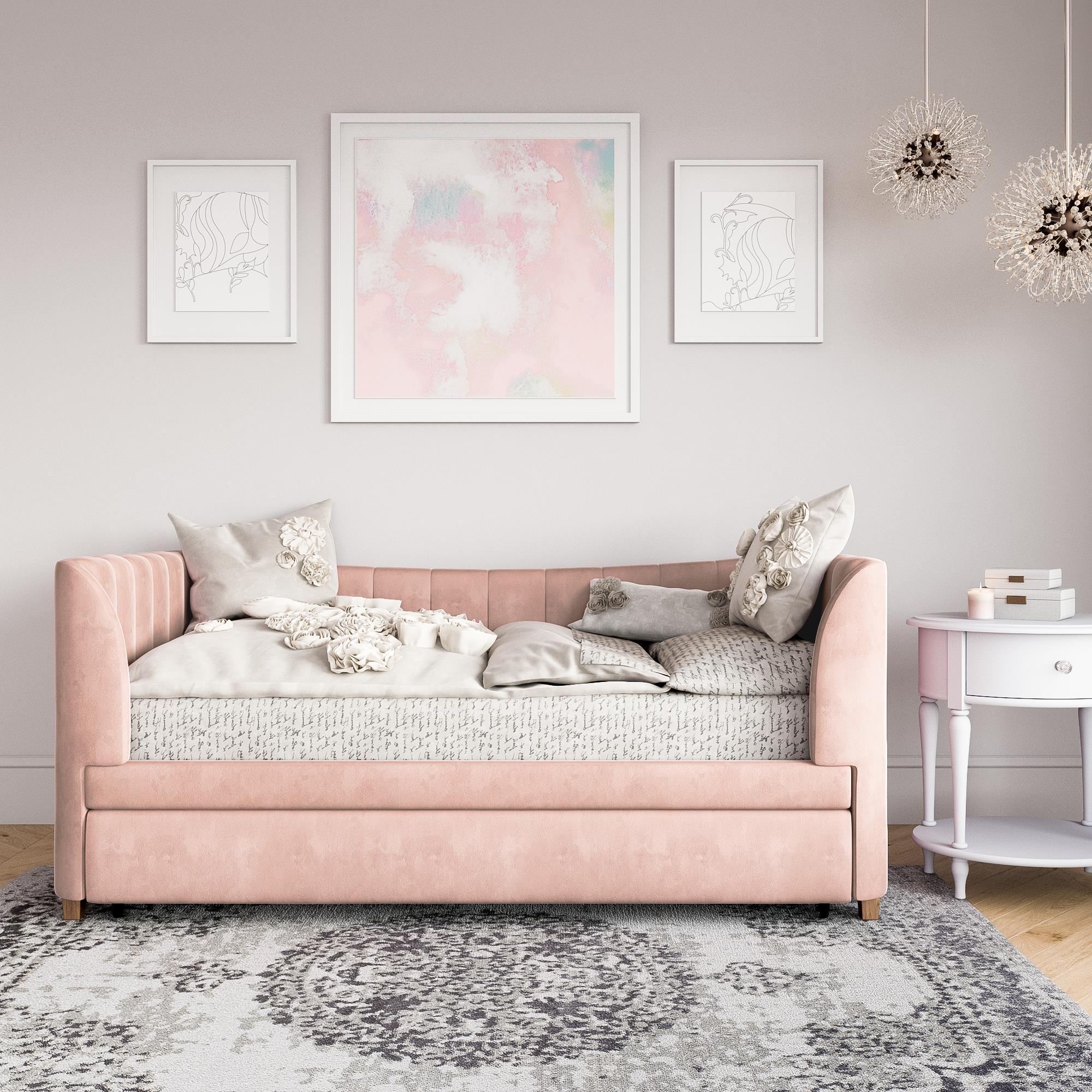 Little Seeds Valentina Upholstered Twin Daybed with Trundle, Pink Velvet, Pink, rollover