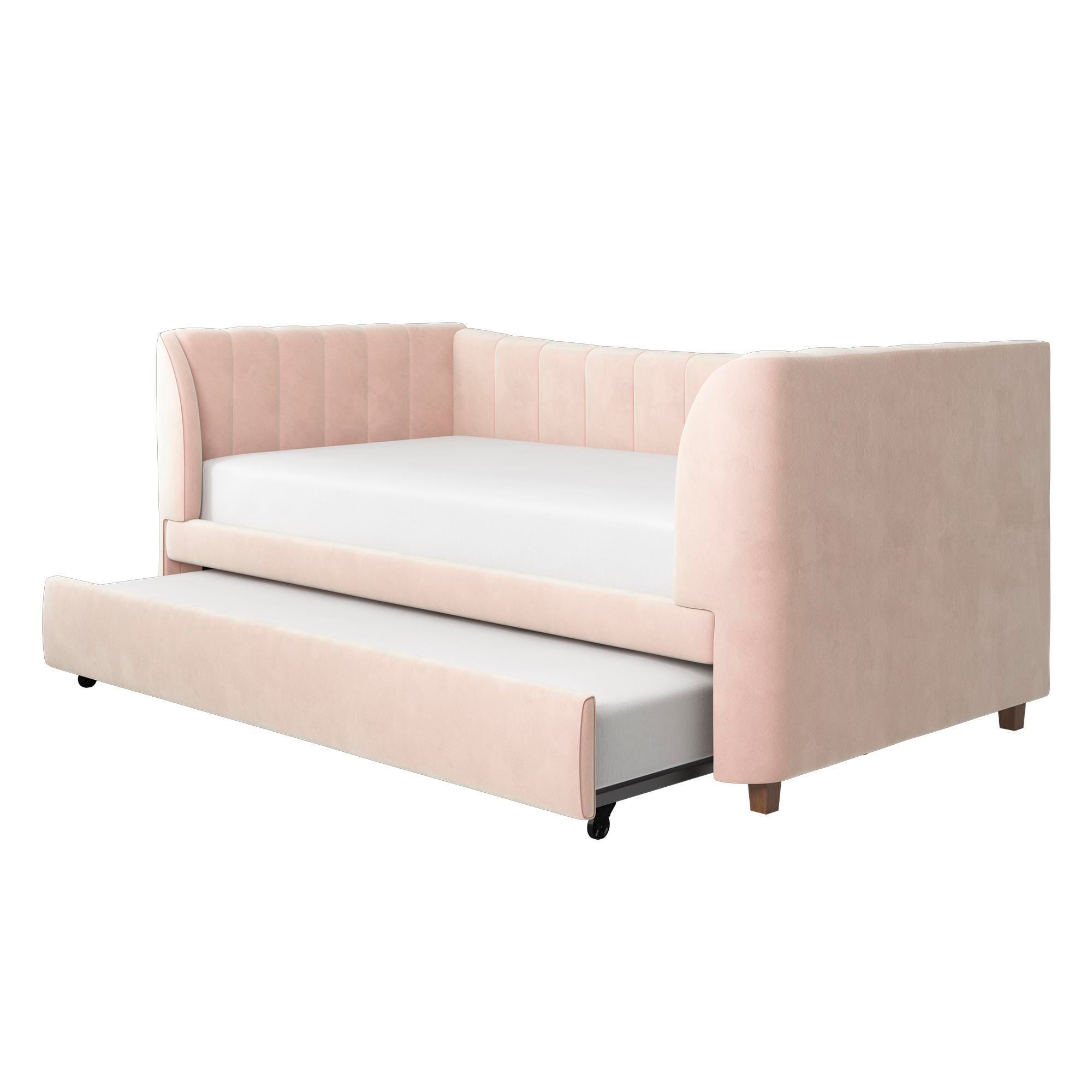 Little Seeds Valentina Upholstered Twin Daybed with Trundle, Pink Velvet, Pink, large