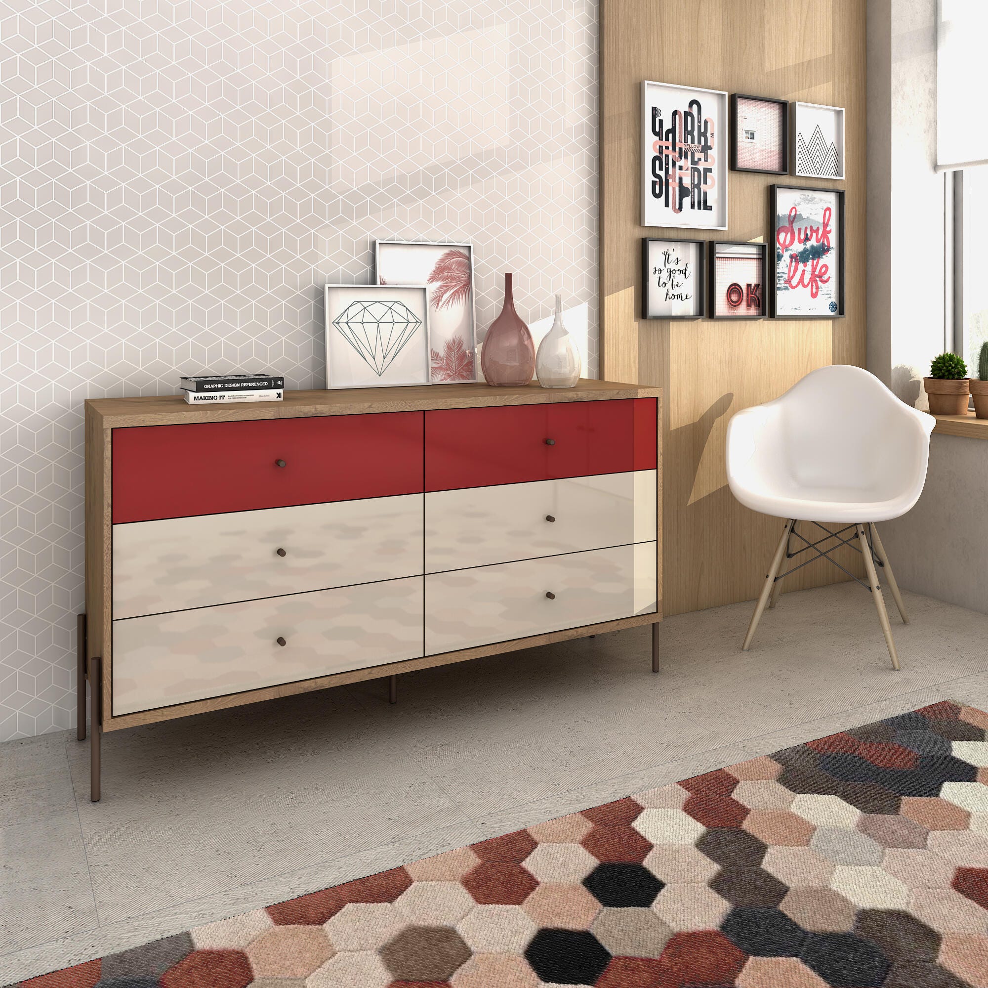 Joy Six Drawer Dresser, Red, rollover