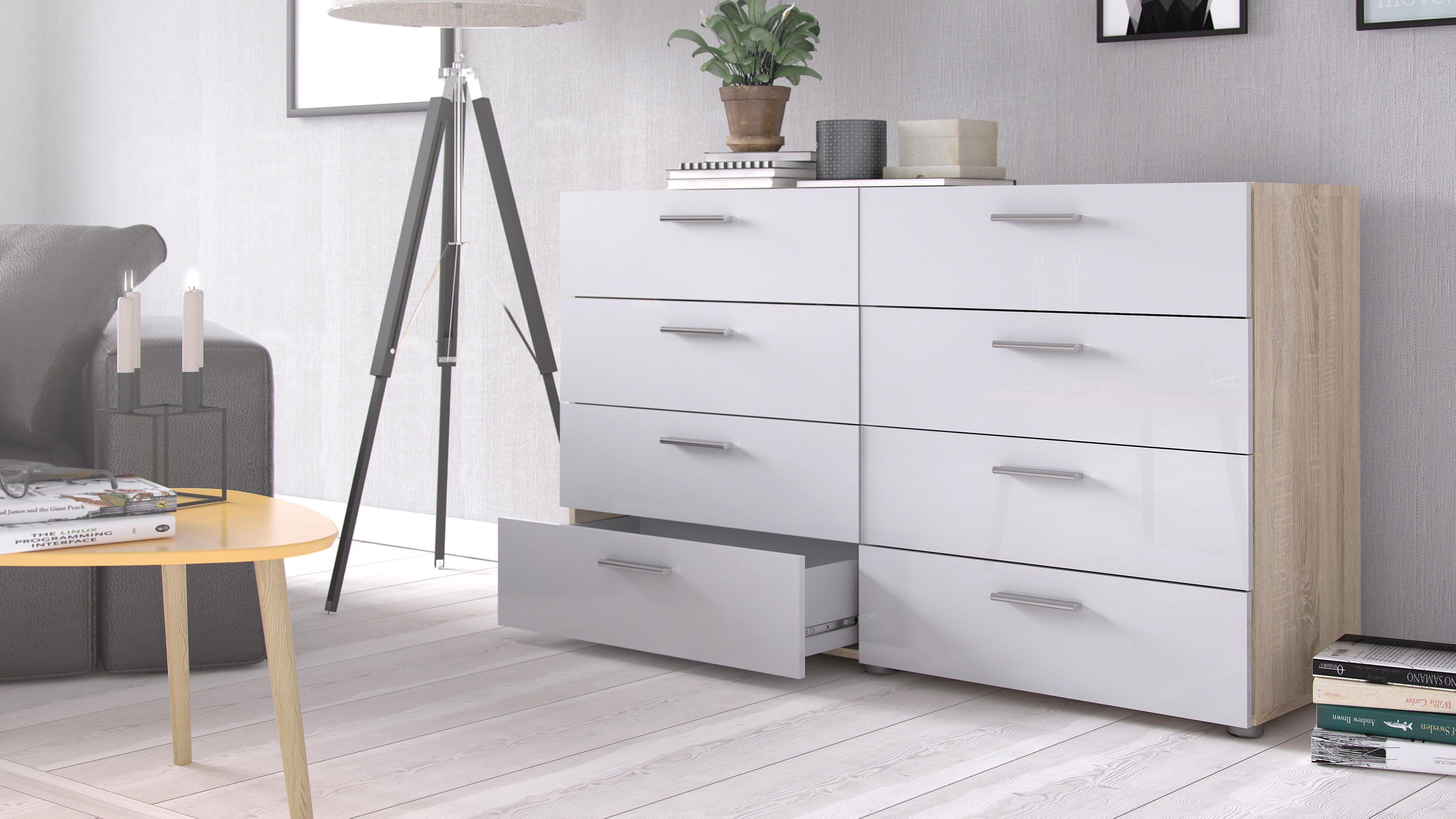 Austin  8 Drawer Double Dresser, Oak/White, large