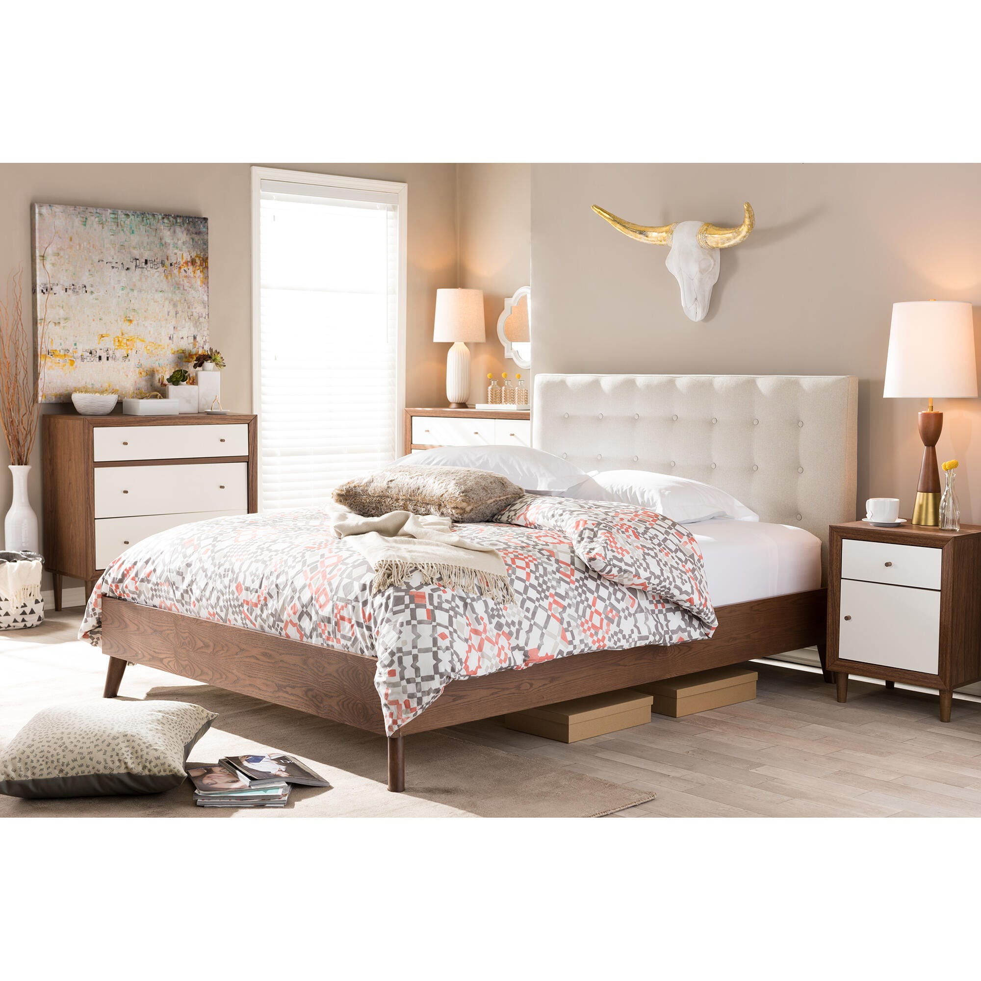 Alinia Queen Midcentury Retro Modern Upholstered Platform Bed, , rollover