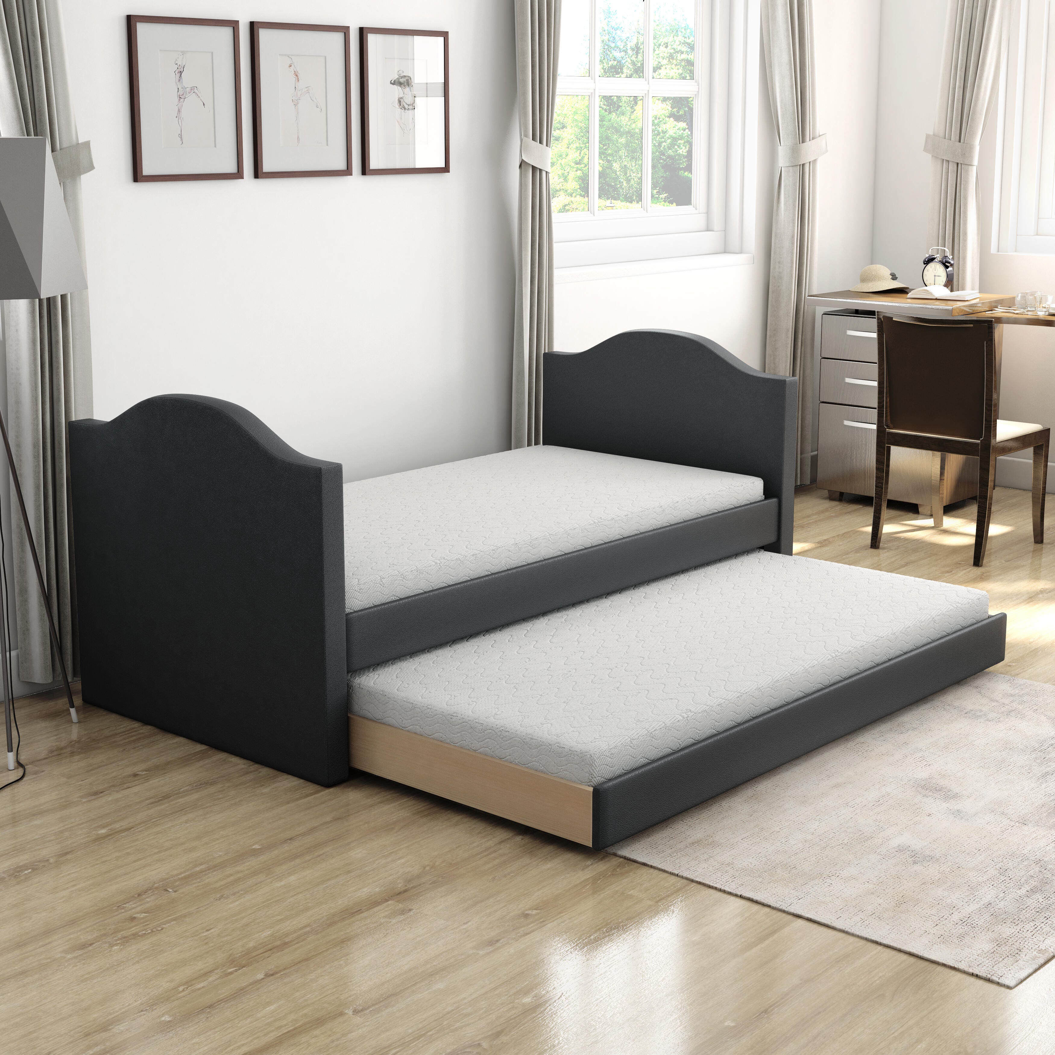 Boyd Sleep Paizlee Upholstered Faux Leather Daybed with Trundle, Black, rollover