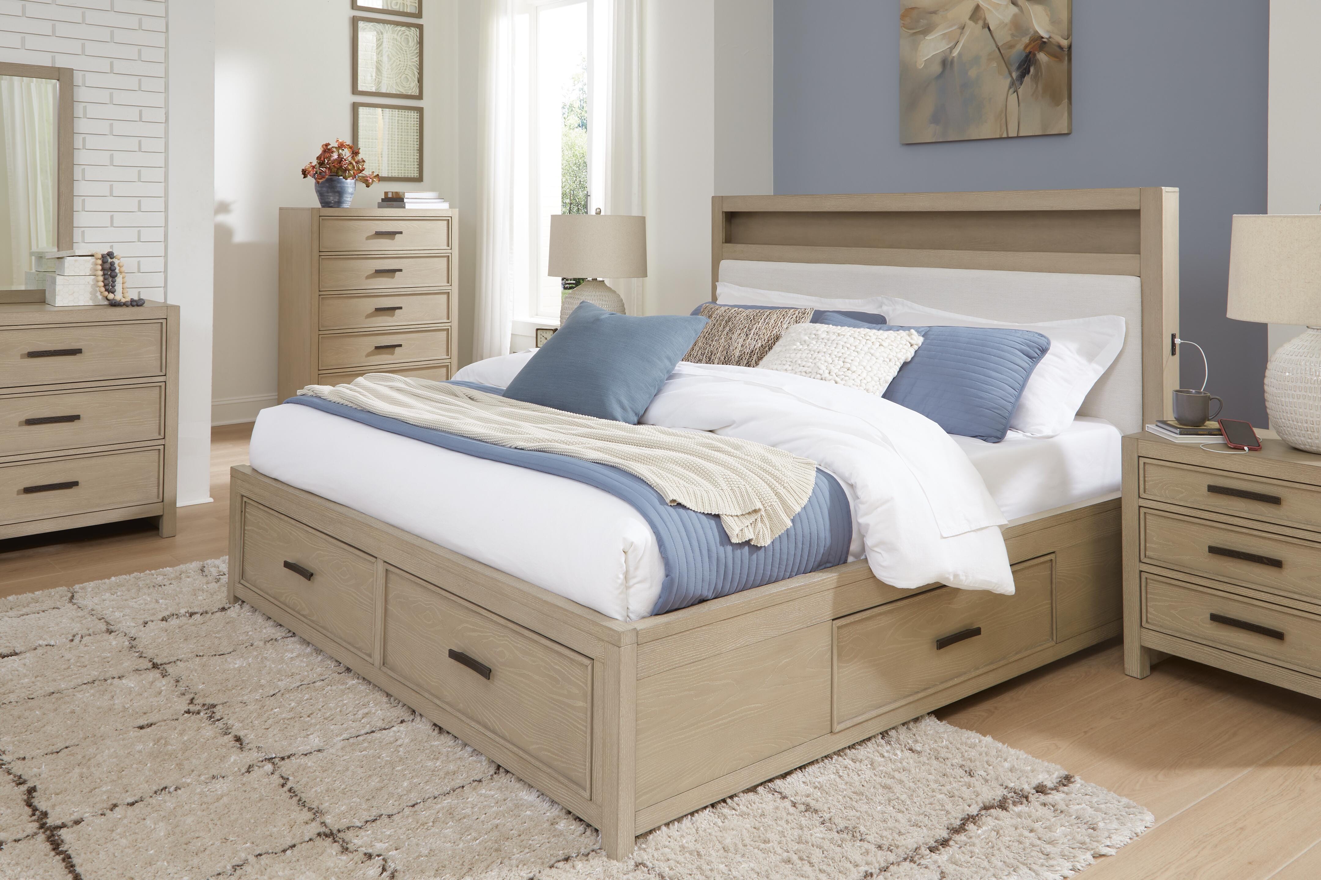 Calmoro Queen Bookcase Bed with Mirrored Dresser and Nightstand, Gray, large