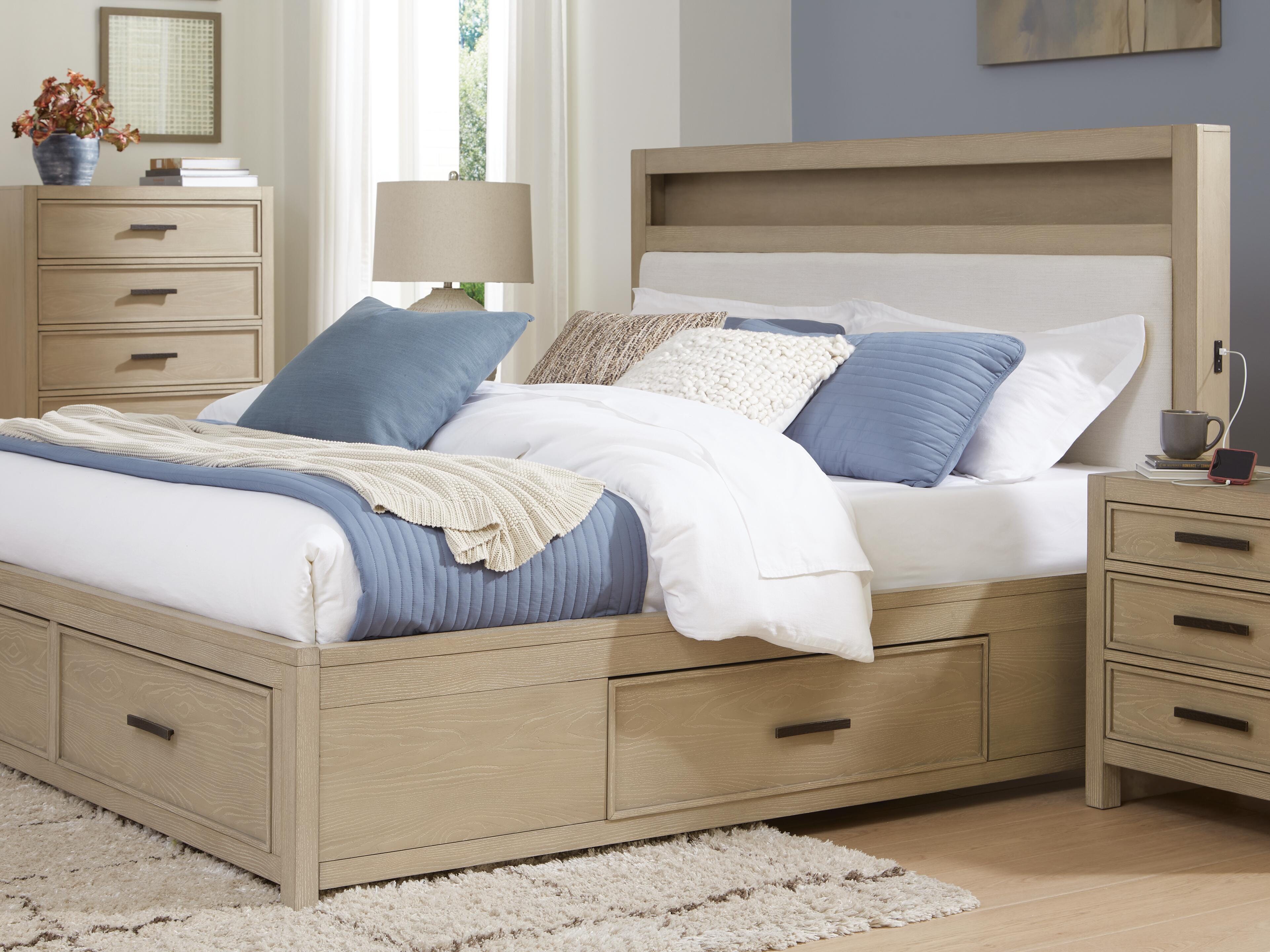 Calmoro Queen Bookcase Bed with Mirrored Dresser, Chest and 2 Nightstands, Gray, large