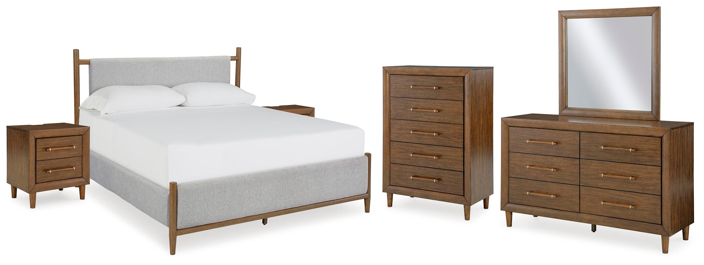 Lyncott King Upholstered Bed with Mirrored Dresser, Chest and 2 Nightstands, Brown, large