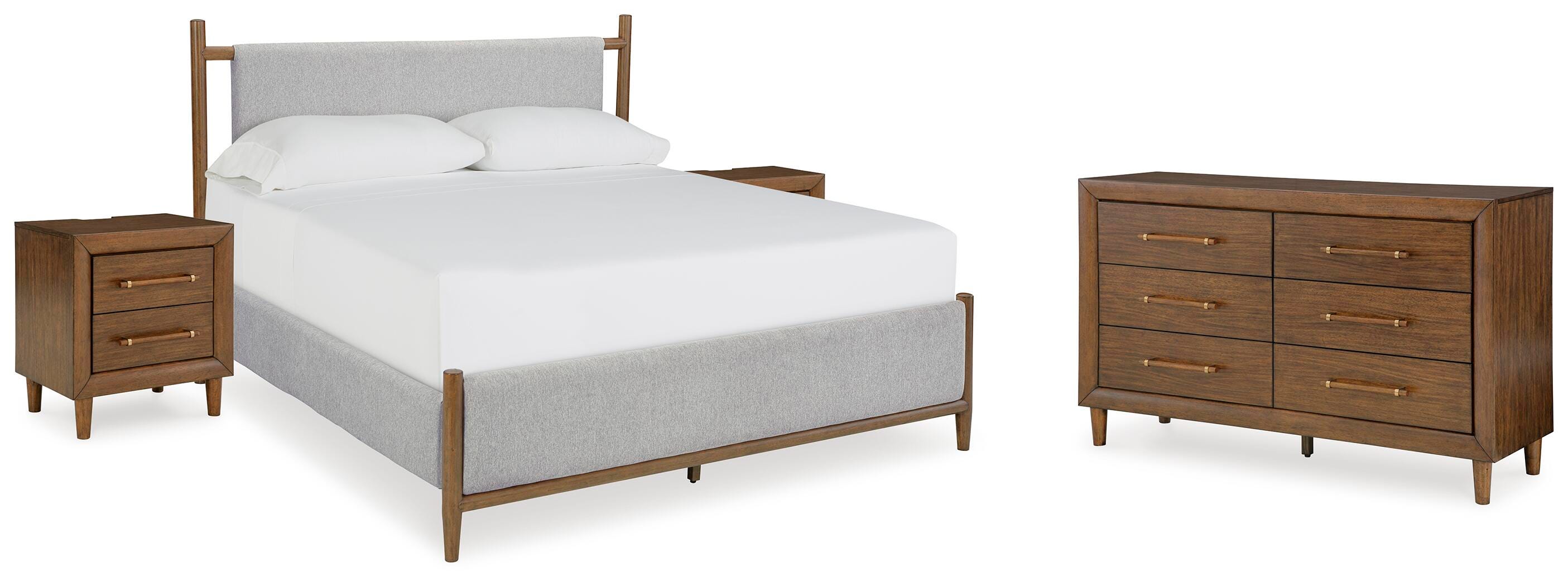 Lyncott Queen Upholstered Bed with Dresser and 2 Nightstands, Brown