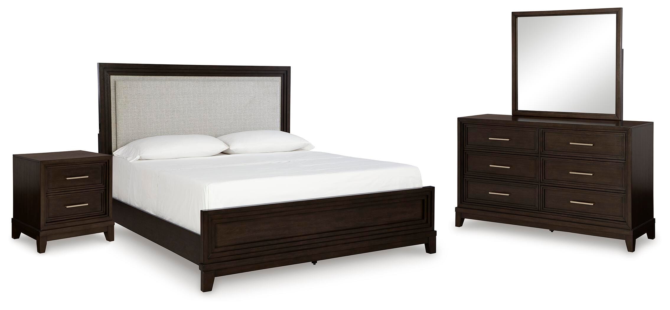 Neymorton Queen Upholstered Panel Bed, Dresser, Mirror and Nightstand - image 1