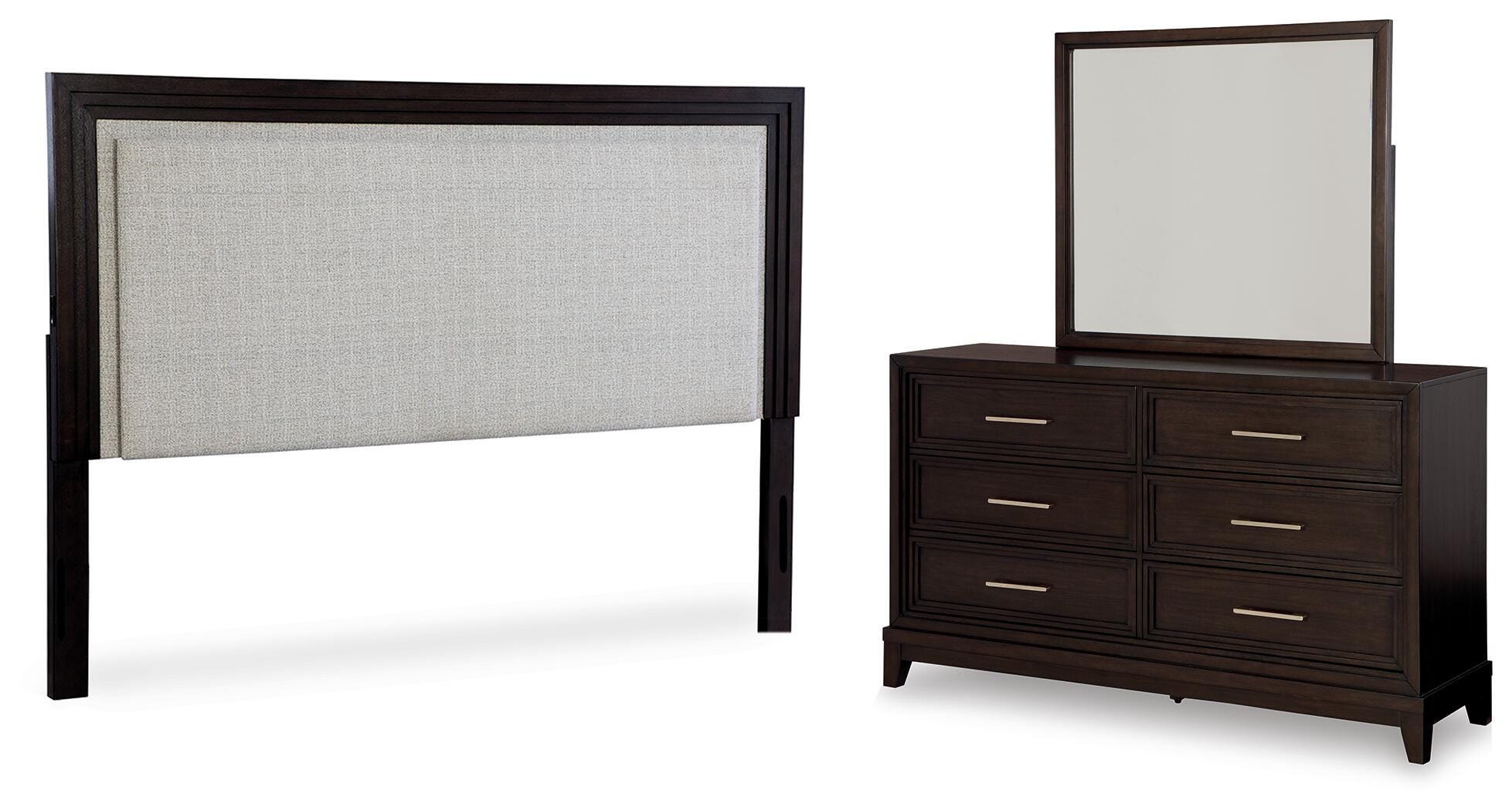 Neymorton King/California King Upholstered Panel Headboard, Dresser and Mirror - image 1