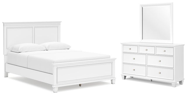 Fortman Queen Panel Bed with Mirrored Dresser, White