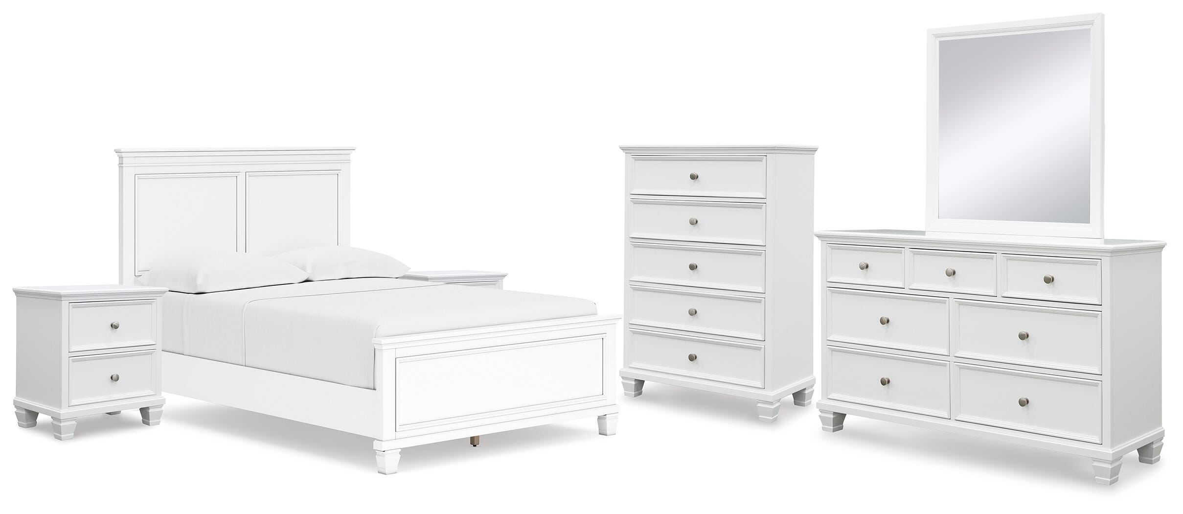 Fortman Full Panel Bed with Mirrored Dresser, Chest and 2 Nightstands, White, large