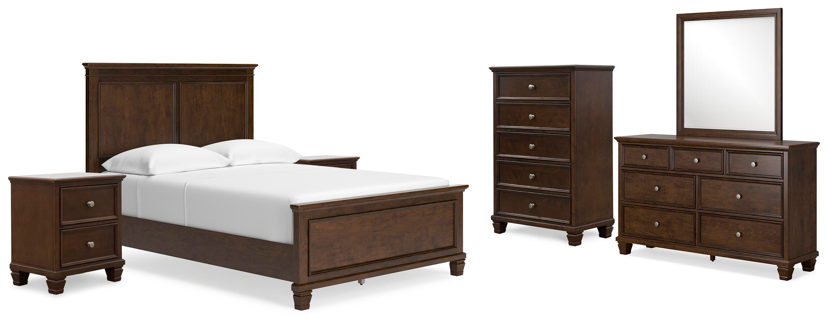 Danabrin Full Panel Bed with Mirrored Dresser, Chest and 2 Nightstands, Brown, large