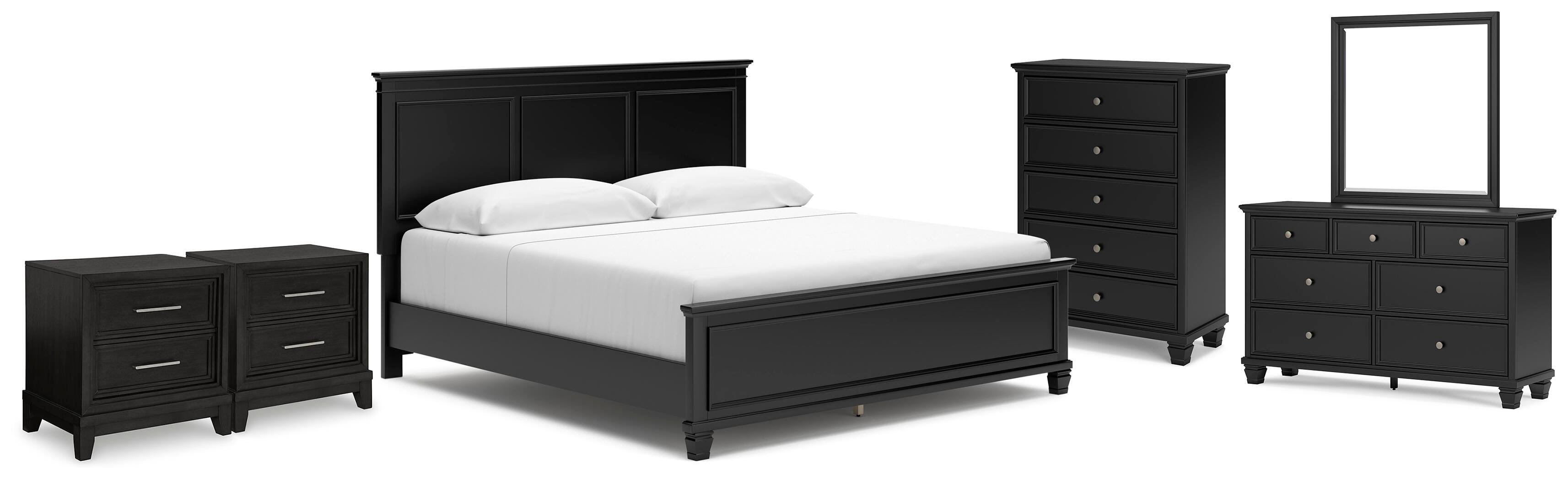Cama de panel King Lanolee, cómoda, espejo, chiffonier y 2 mesitas de noche - image 1